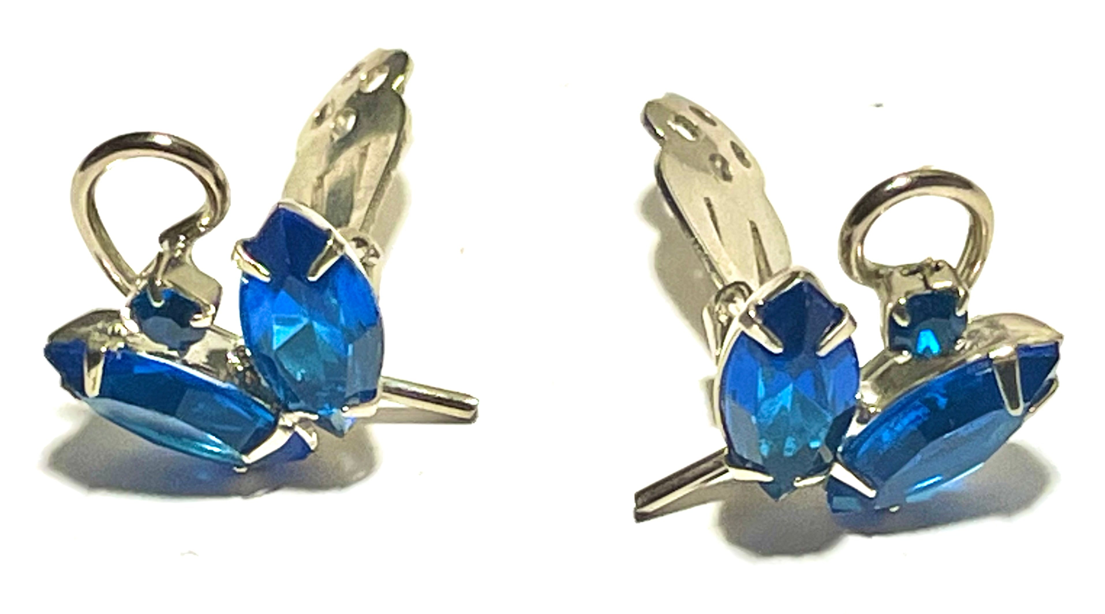 Vintage Blue Rhinestone Clip-On Earrings (Silver Tone)