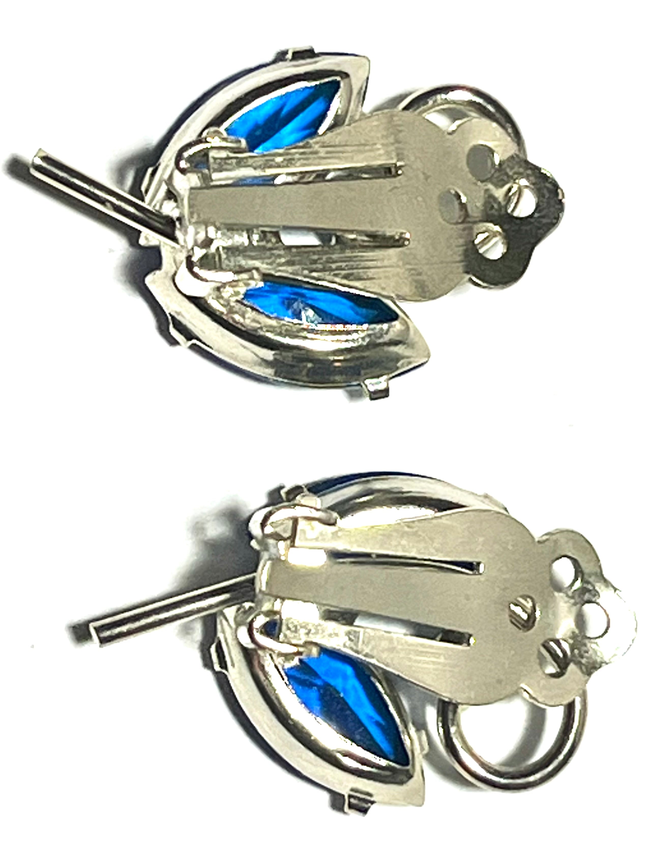 Vintage Blue Rhinestone Clip-On Earrings (Silver Tone)
