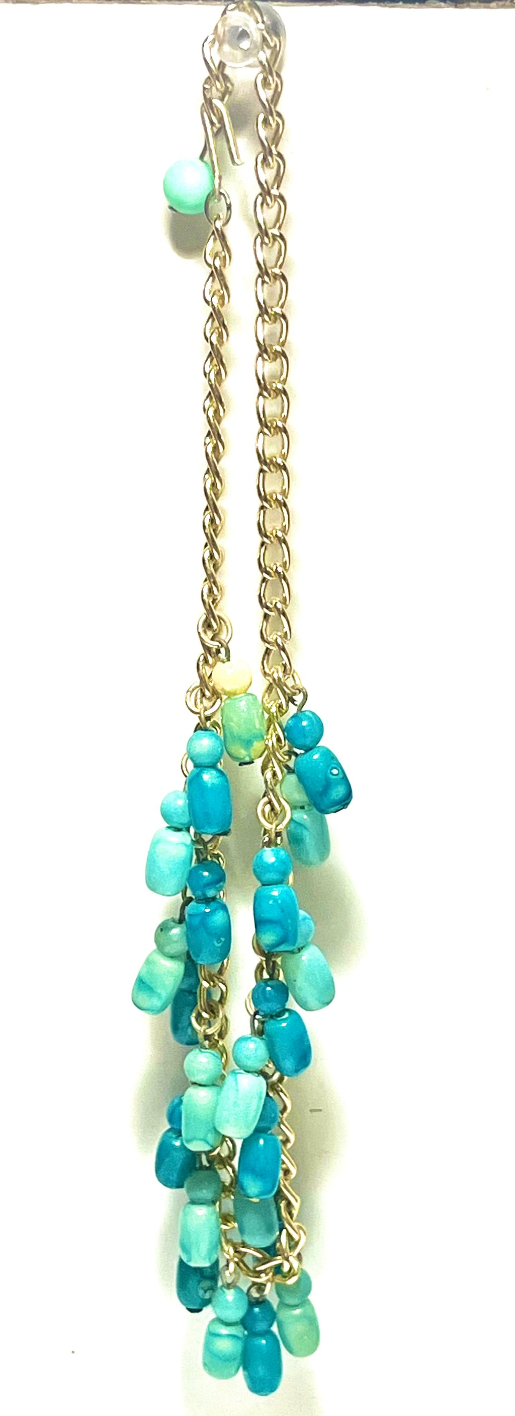 Vintage Aqua Beaded Dangle Necklace (Gold Tone Chain)
