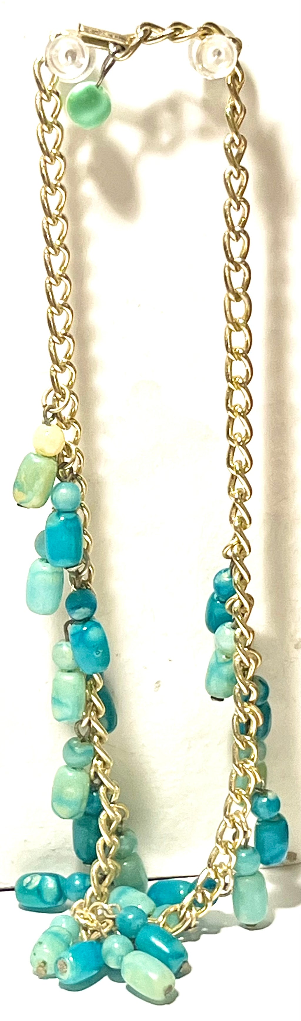 Vintage Aqua Beaded Dangle Necklace (Gold Tone Chain)
