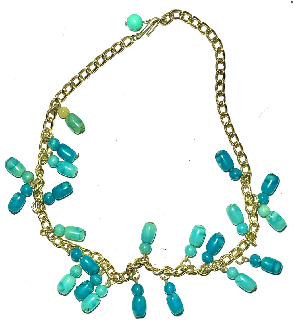 Vintage Aqua Beaded Dangle Necklace (Gold Tone Chain)
