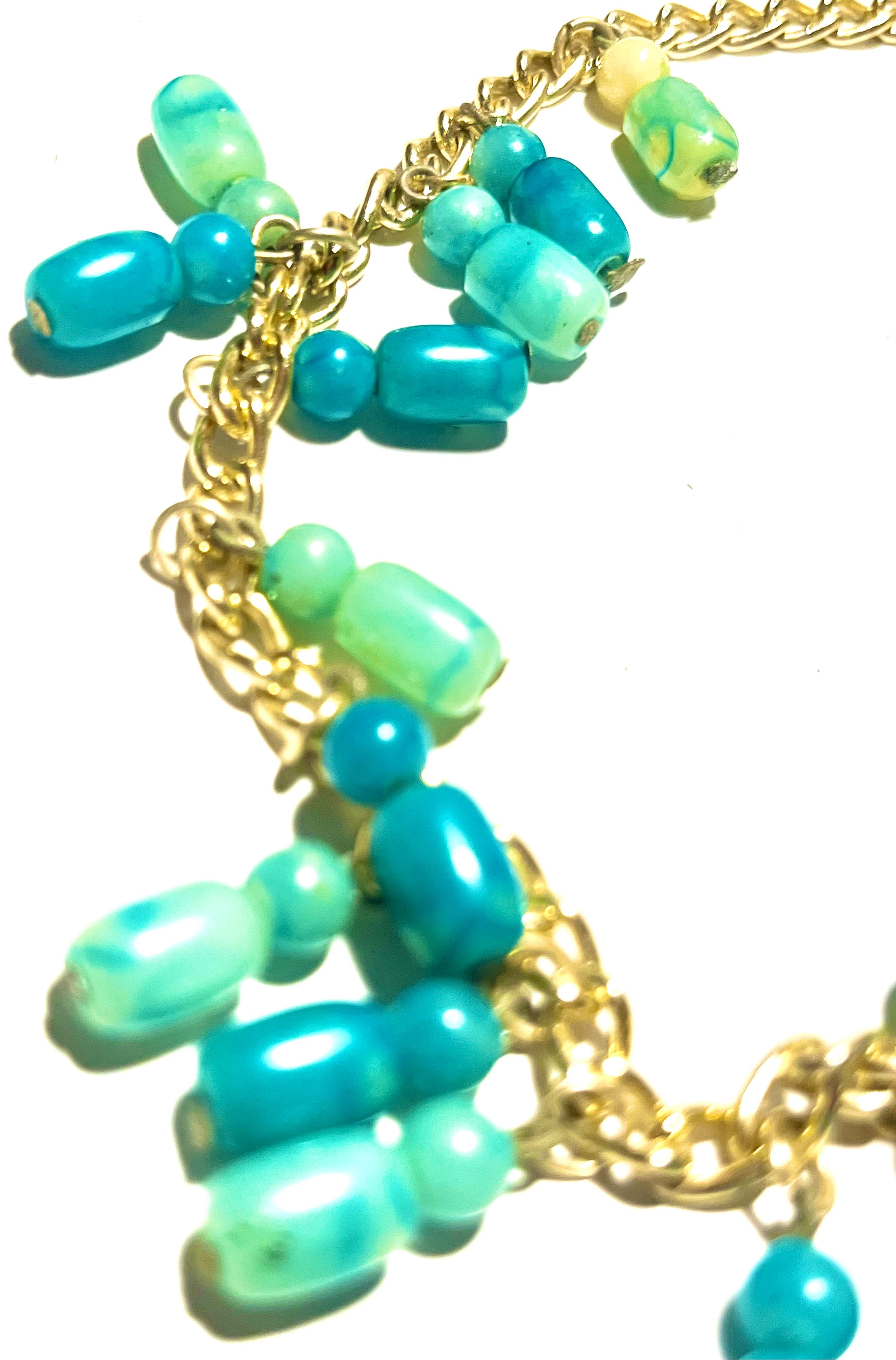 Vintage Aqua Beaded Dangle Necklace (Gold Tone Chain)