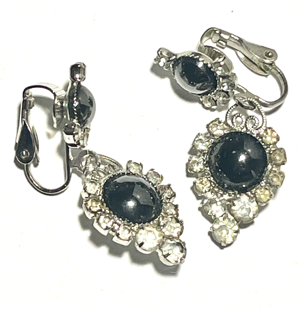 Vintage Blue Glass & Rhinestone Dangle Clip-On Earrings | Silver Tone | Mid Century Glam
