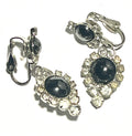 Vintage Blue Glass & Rhinestone Dangle Clip-On Earrings | Silver Tone | Mid Century Glam