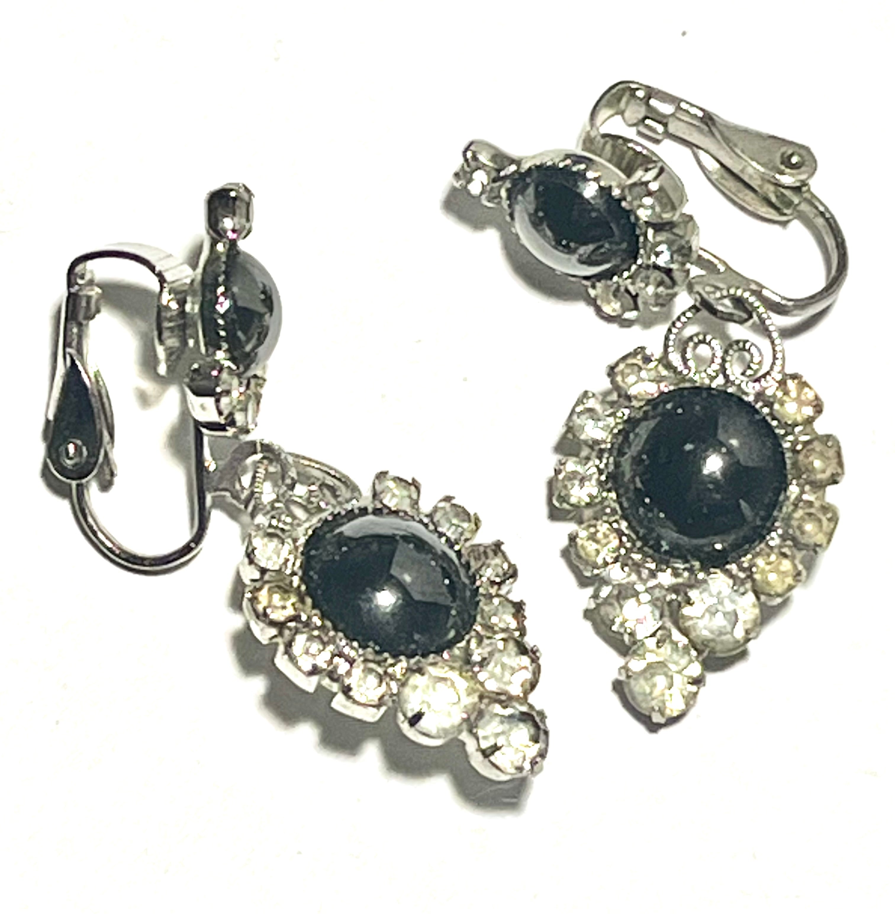 Vintage Blue Glass & Rhinestone Dangle Clip-On Earrings | Silver Tone | Mid Century Glam