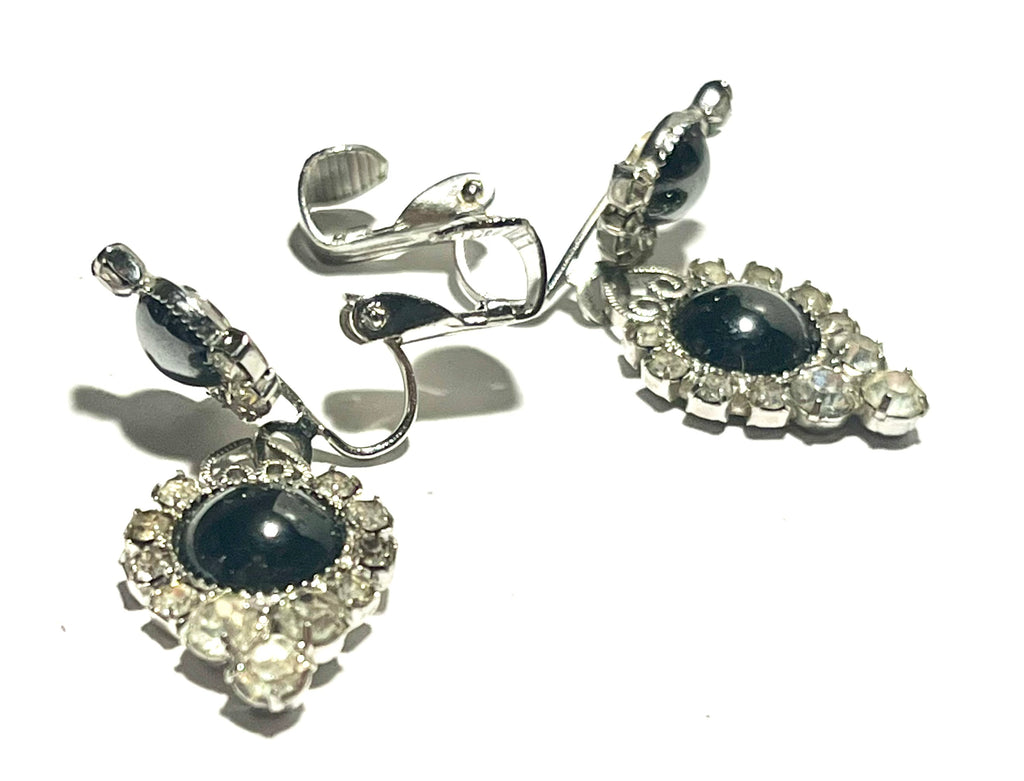 Vintage Blue Glass & Rhinestone Dangle Clip-On Earrings | Silver Tone | Mid Century Glam