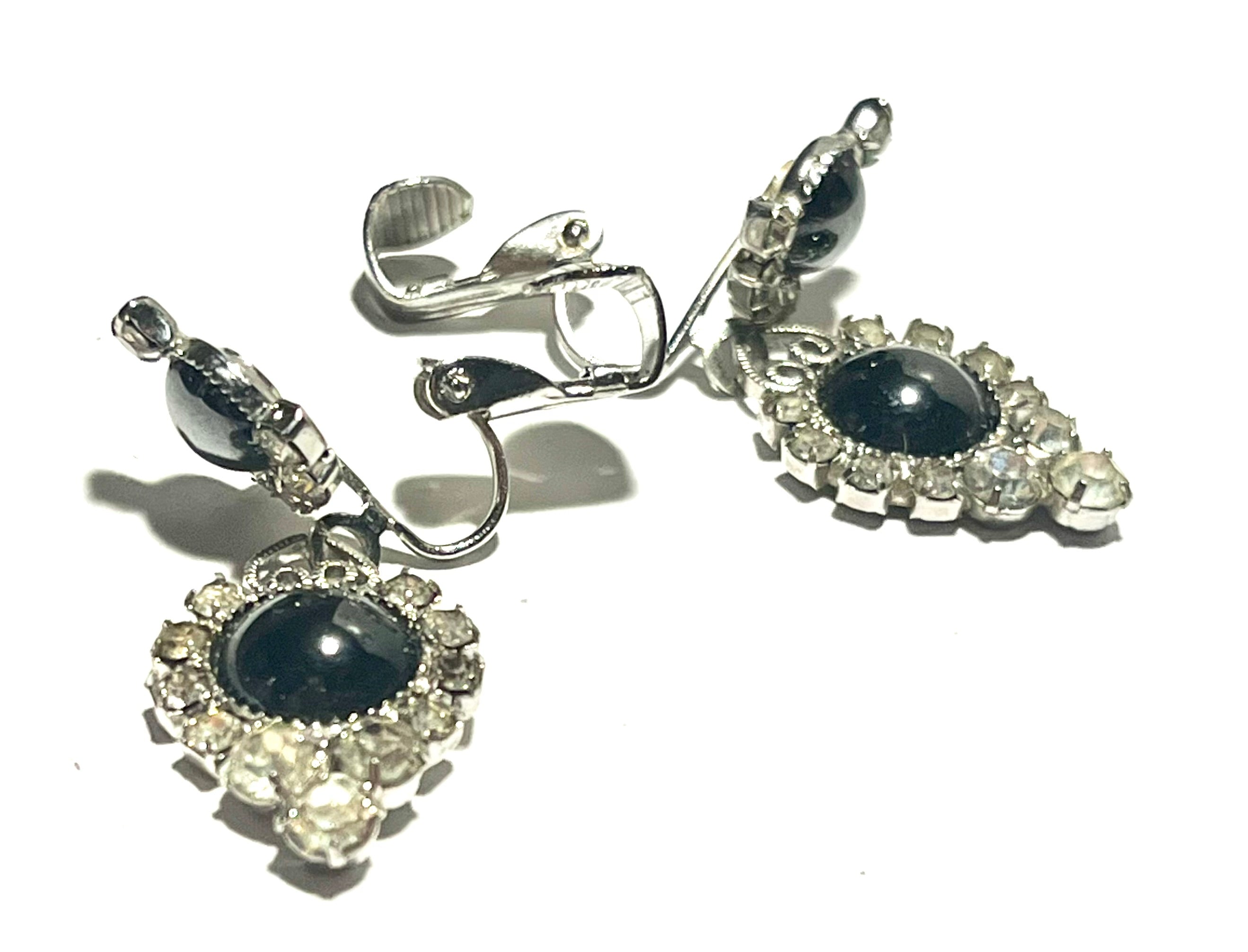 Vintage Blue Glass & Rhinestone Dangle Clip-On Earrings | Silver Tone | Mid Century Glam