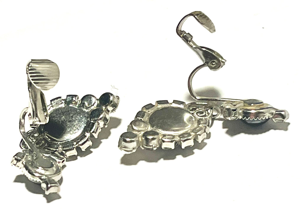 Vintage Blue Glass & Rhinestone Dangle Clip-On Earrings | Silver Tone | Mid Century Glam