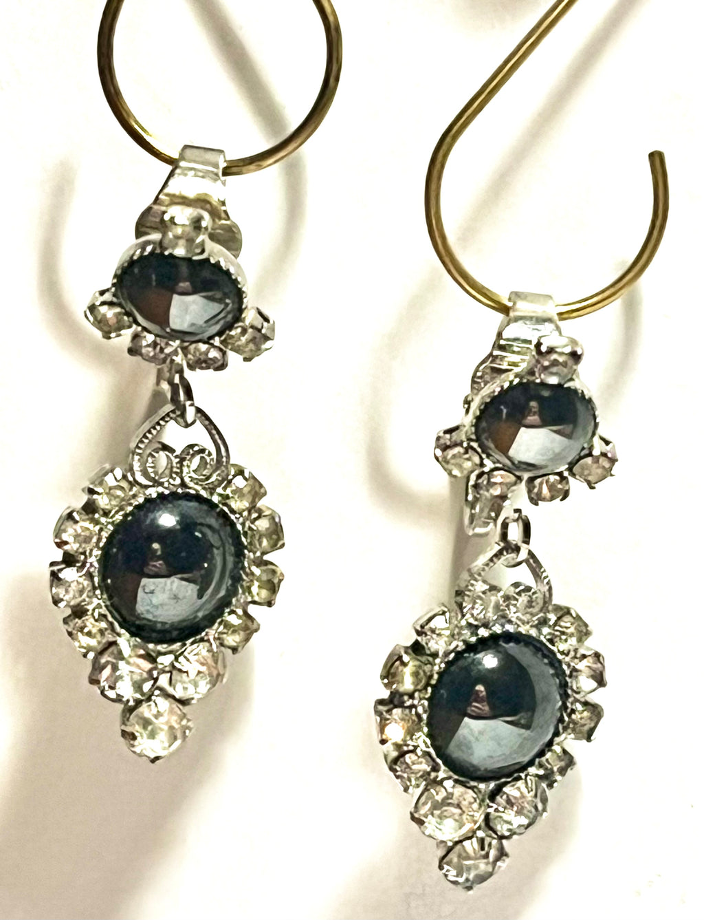 Vintage Blue Glass & Rhinestone Dangle Clip-On Earrings | Silver Tone | Mid Century Glam
