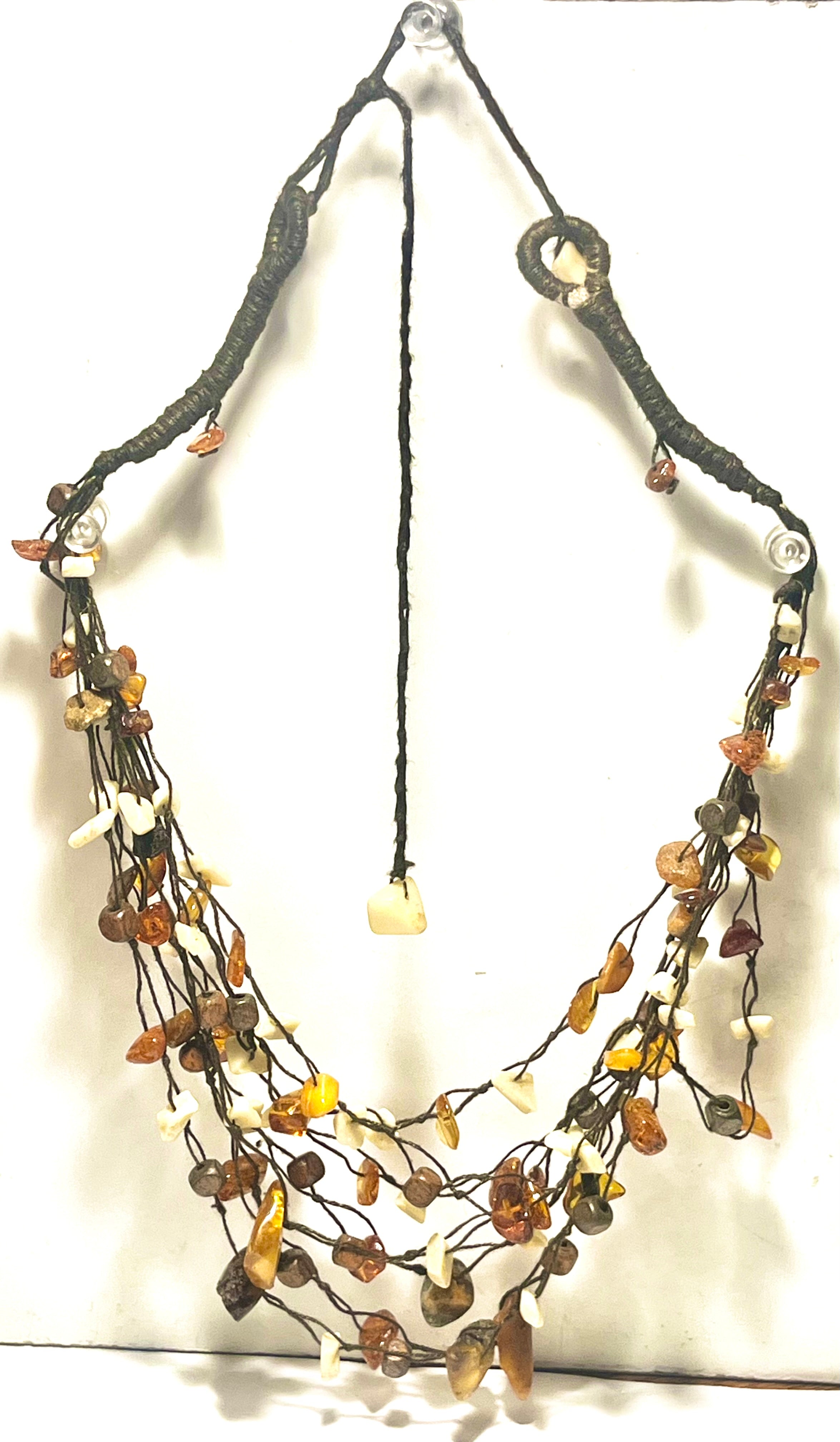 Vintage Amber Chip Cluster Necklace Multi Strand Boho Dangle Cord Adjustable Statement