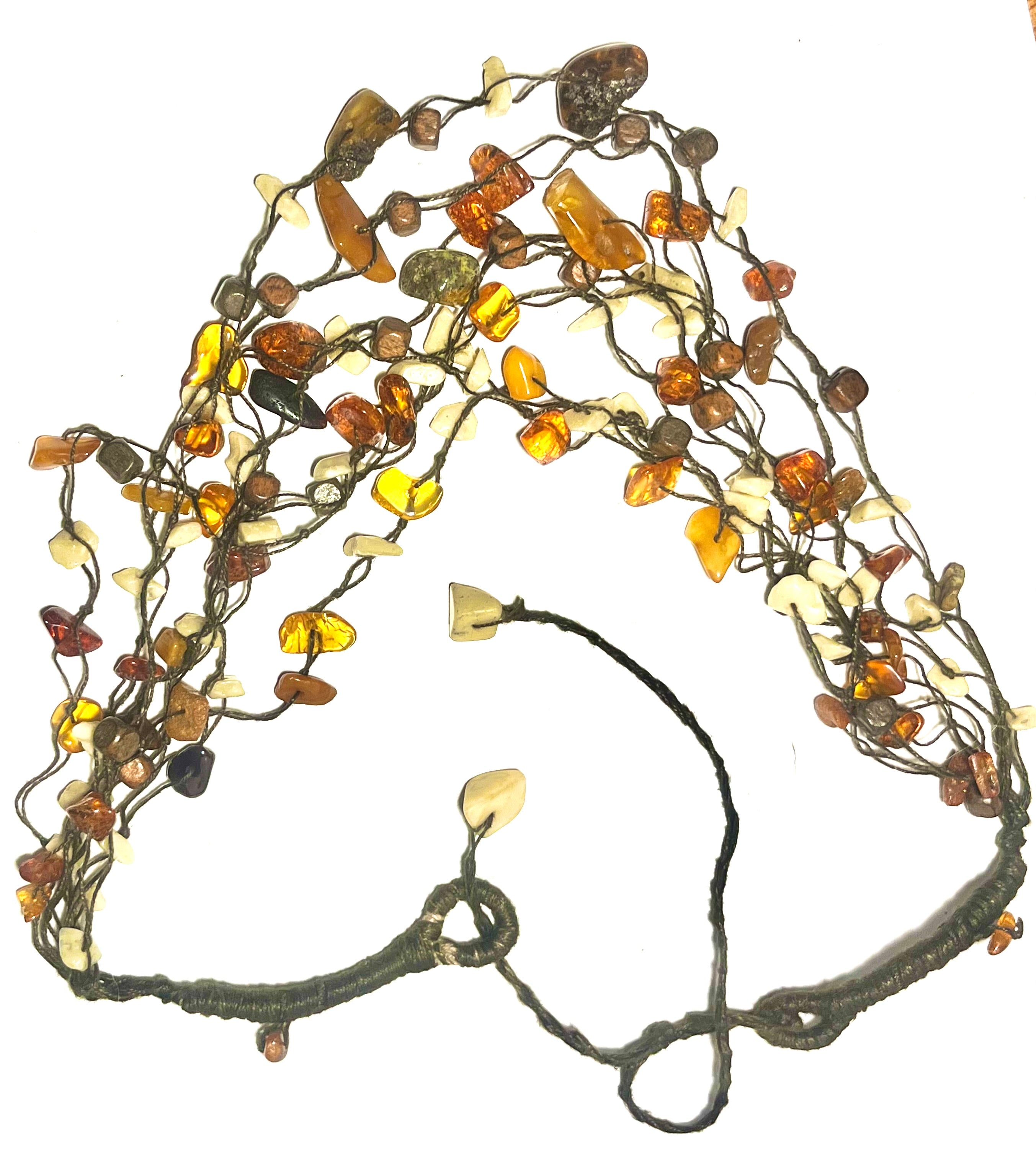 Vintage Amber Chip Cluster Necklace Multi Strand Boho Dangle Cord Adjustable Statement