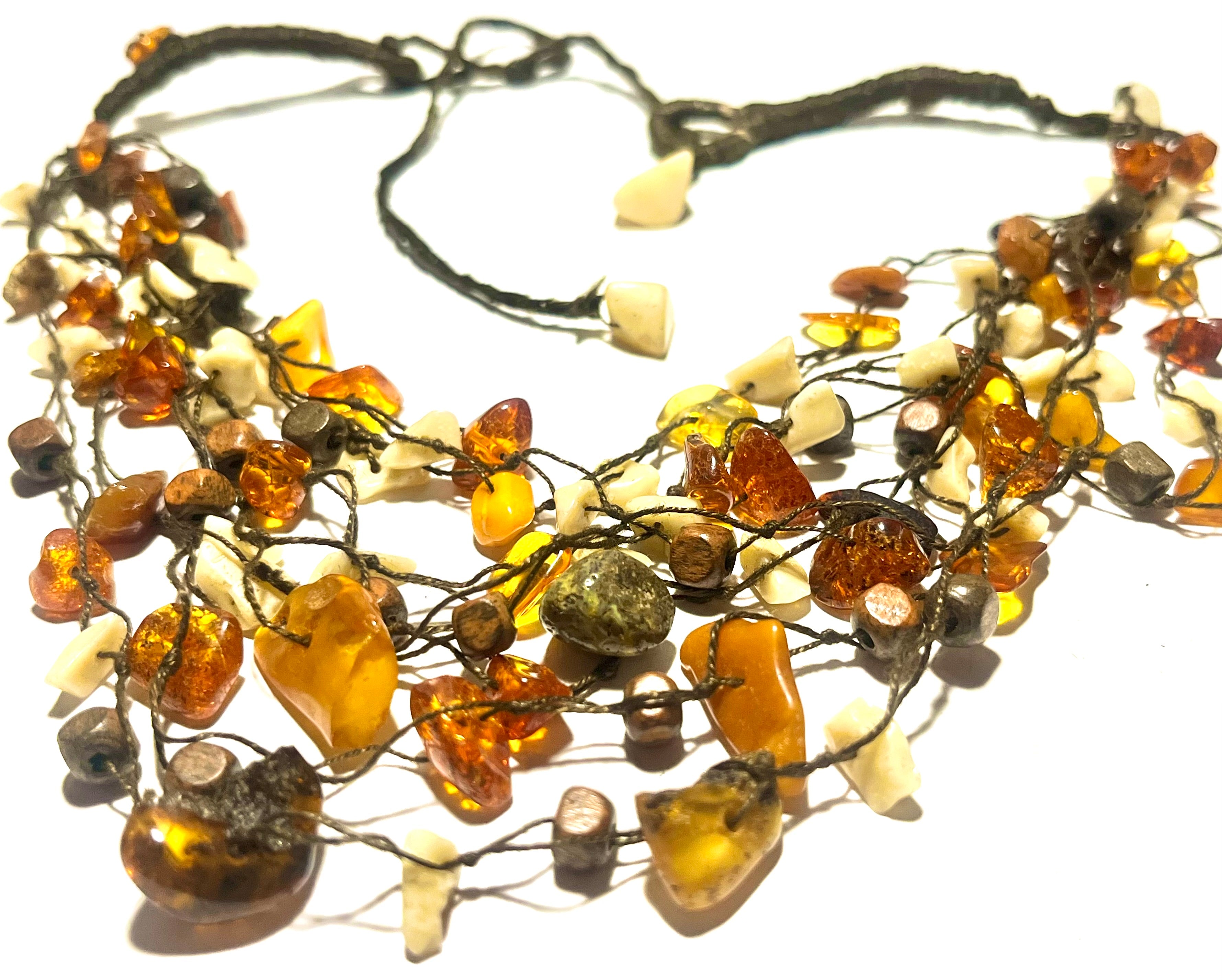 Vintage Amber Chip Cluster Necklace Multi Strand Boho Dangle Cord Adjustable Statement