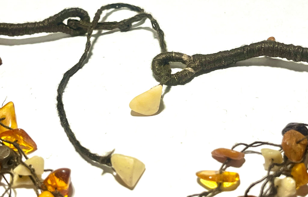 Vintage Amber Chip Cluster Necklace Multi Strand Boho Dangle Cord Adjustable Statement
