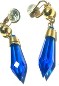 Vintage Blue Faceted Drop Earrings Gold Tone Dangle Clip On Statement Jewelry