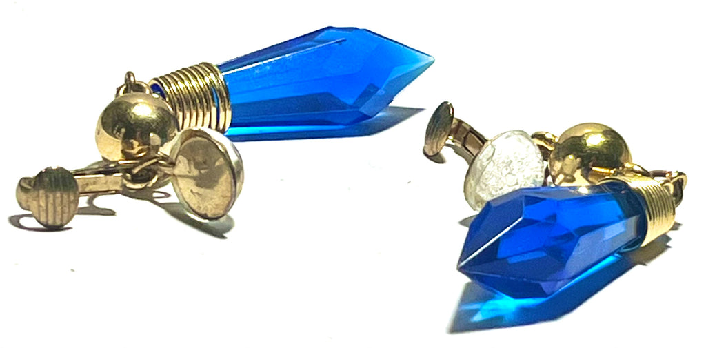 Vintage Blue Faceted Drop Earrings Gold Tone Dangle Clip On Statement Jewelry