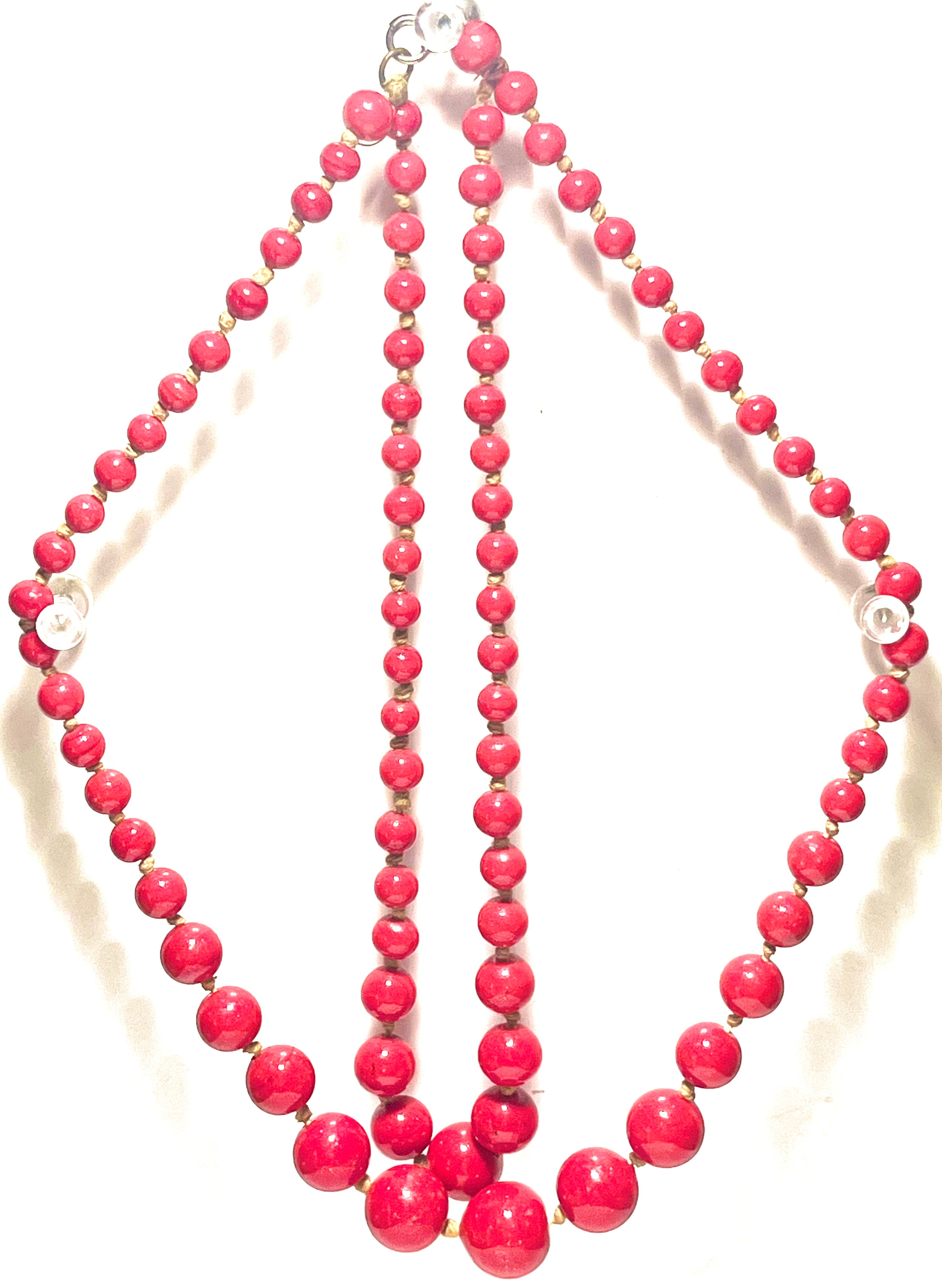 Vintage Red Beaded Necklace Double Strand Graduated Knotted Retro Jewelry