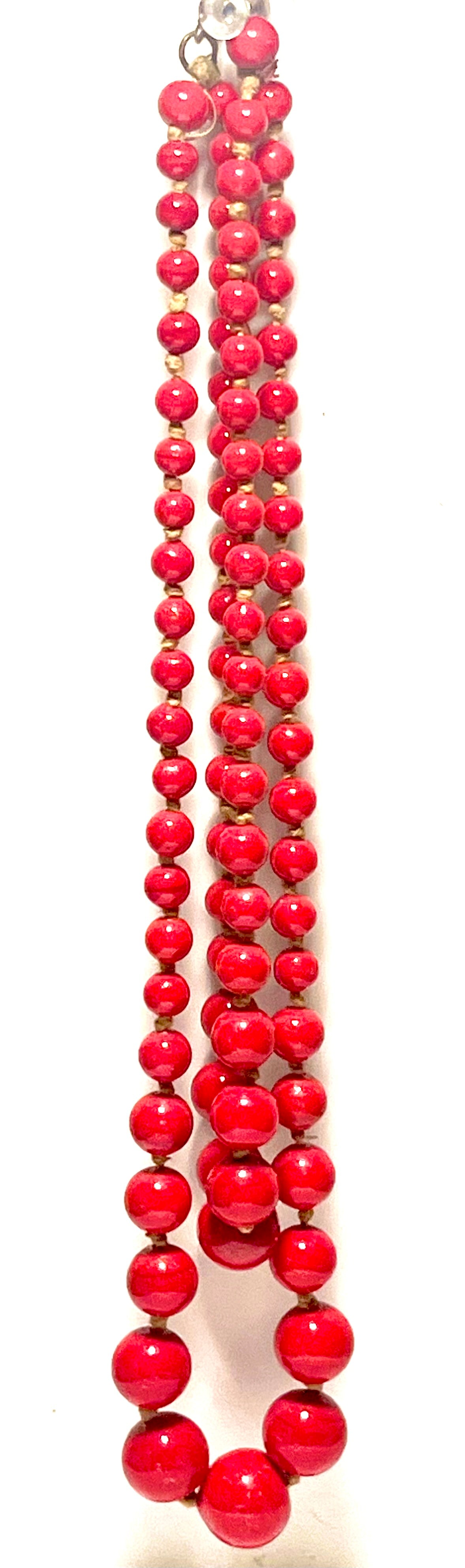 Vintage Red Beaded Necklace Double Strand Graduated Knotted Retro Jewelry