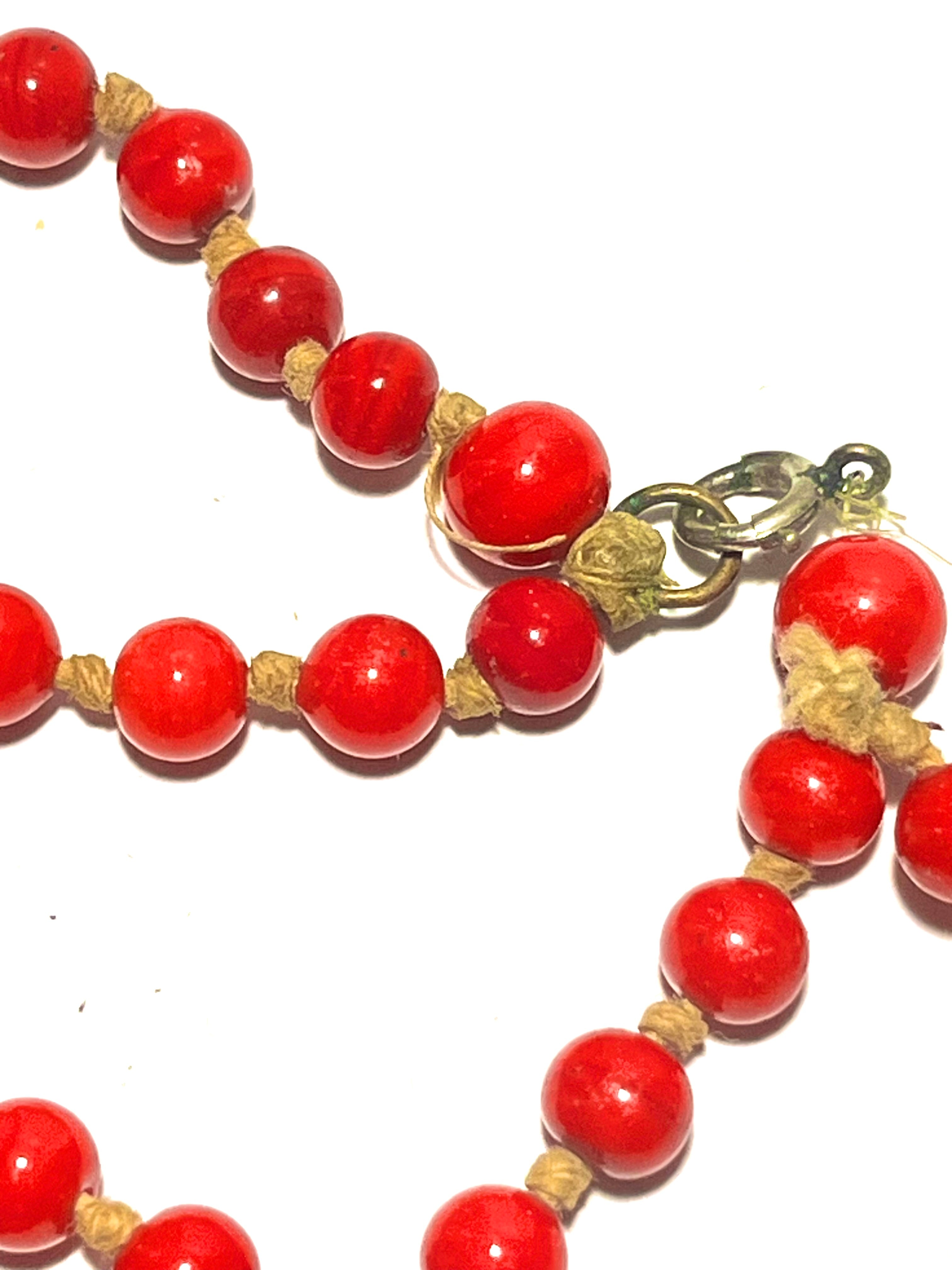 Vintage Red Beaded Necklace Double Strand Graduated Knotted Retro Jewelry