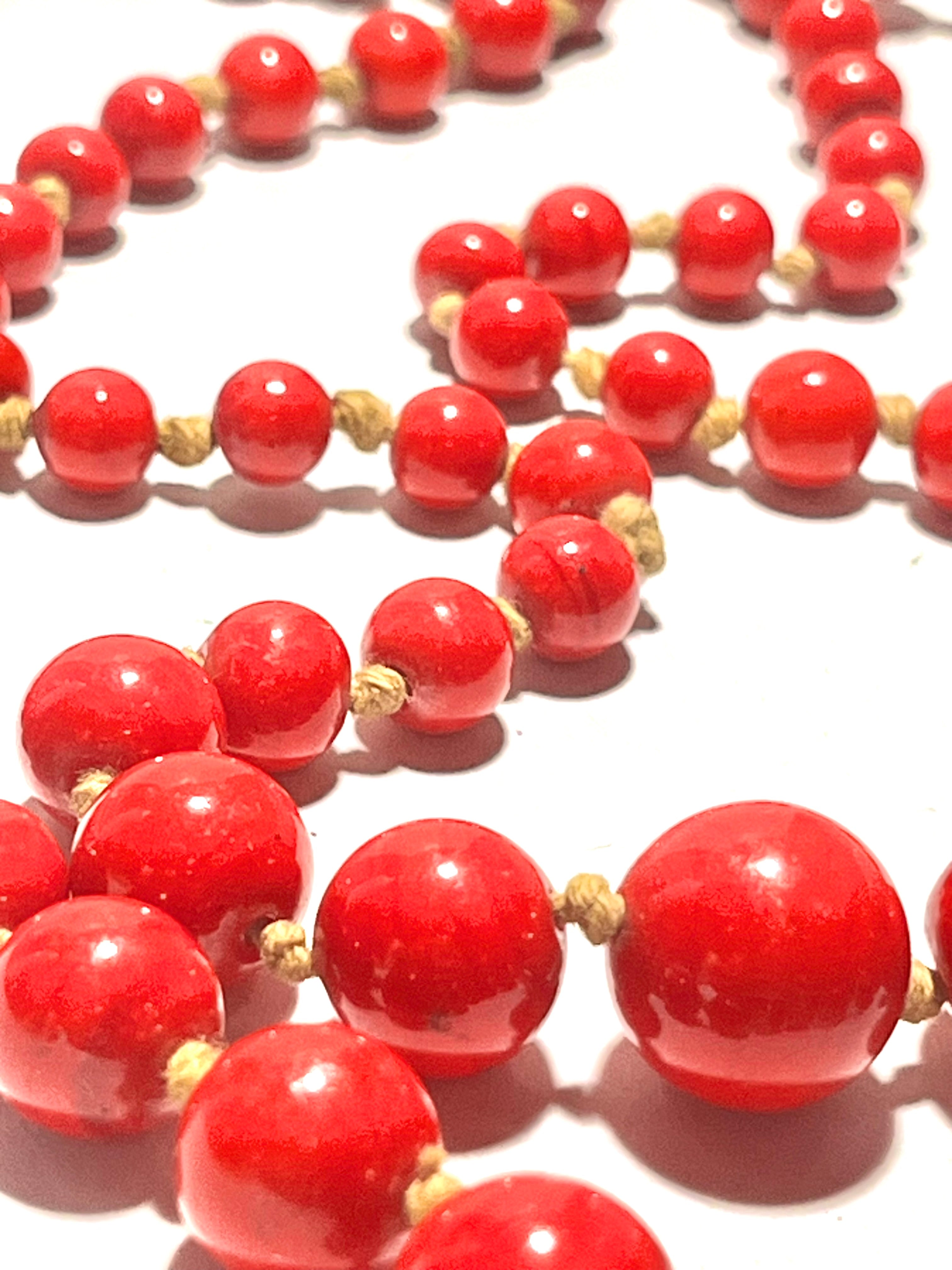 Vintage Red Beaded Necklace Double Strand Graduated Knotted Retro Jewelry