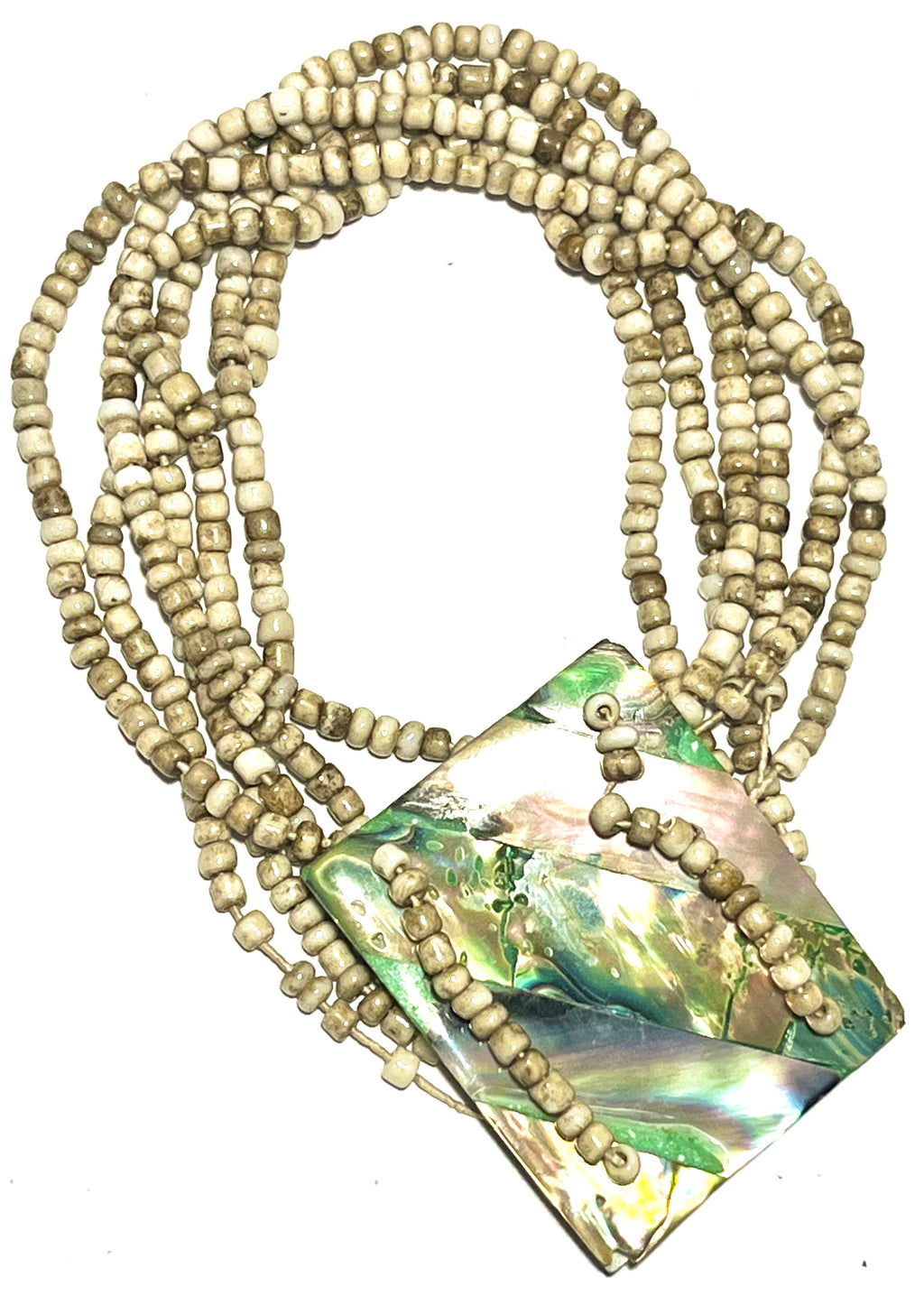 Vintage Abalone Shell Multi Strand Beaded Necklace – Boho Statement Natural Shell Pendant