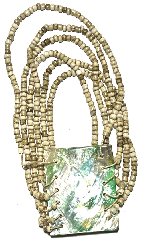 Vintage Abalone Shell Multi Strand Beaded Necklace – Boho Statement Natural Shell Pendant