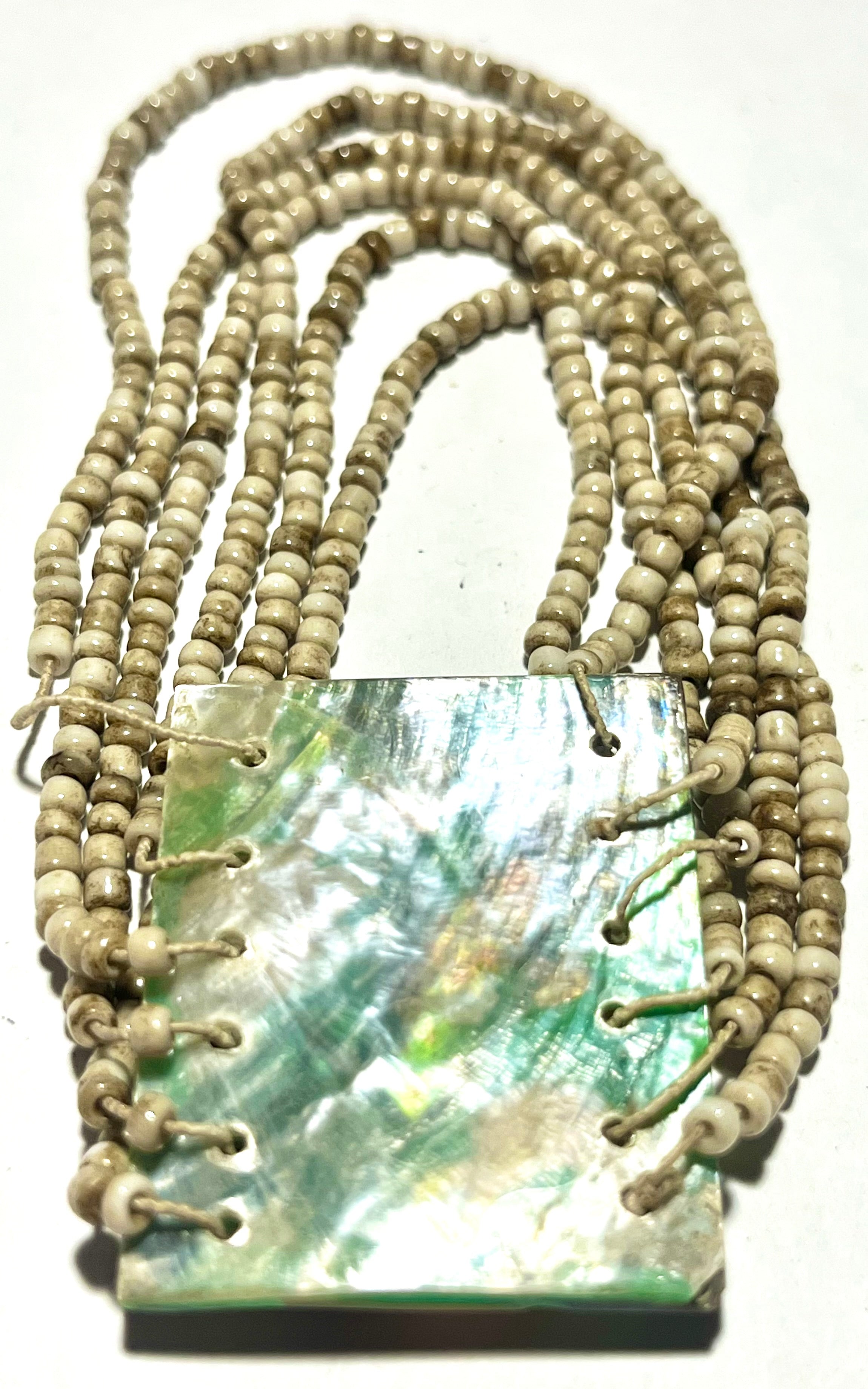 Vintage Abalone Shell Multi Strand Beaded Necklace – Boho Statement Natural Shell Pendant
