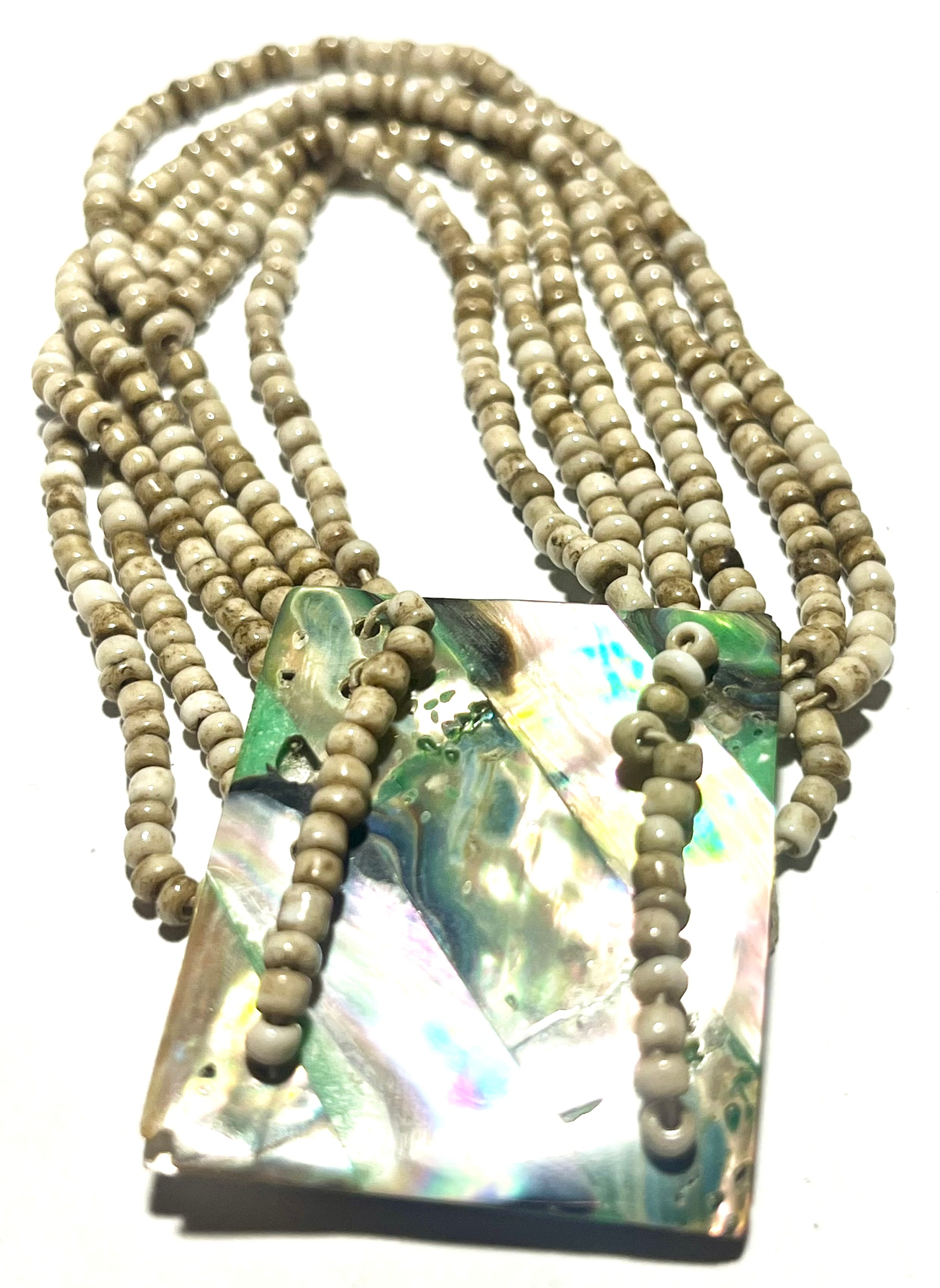 Vintage Abalone Shell Multi Strand Beaded Necklace – Boho Statement Natural Shell Pendant
