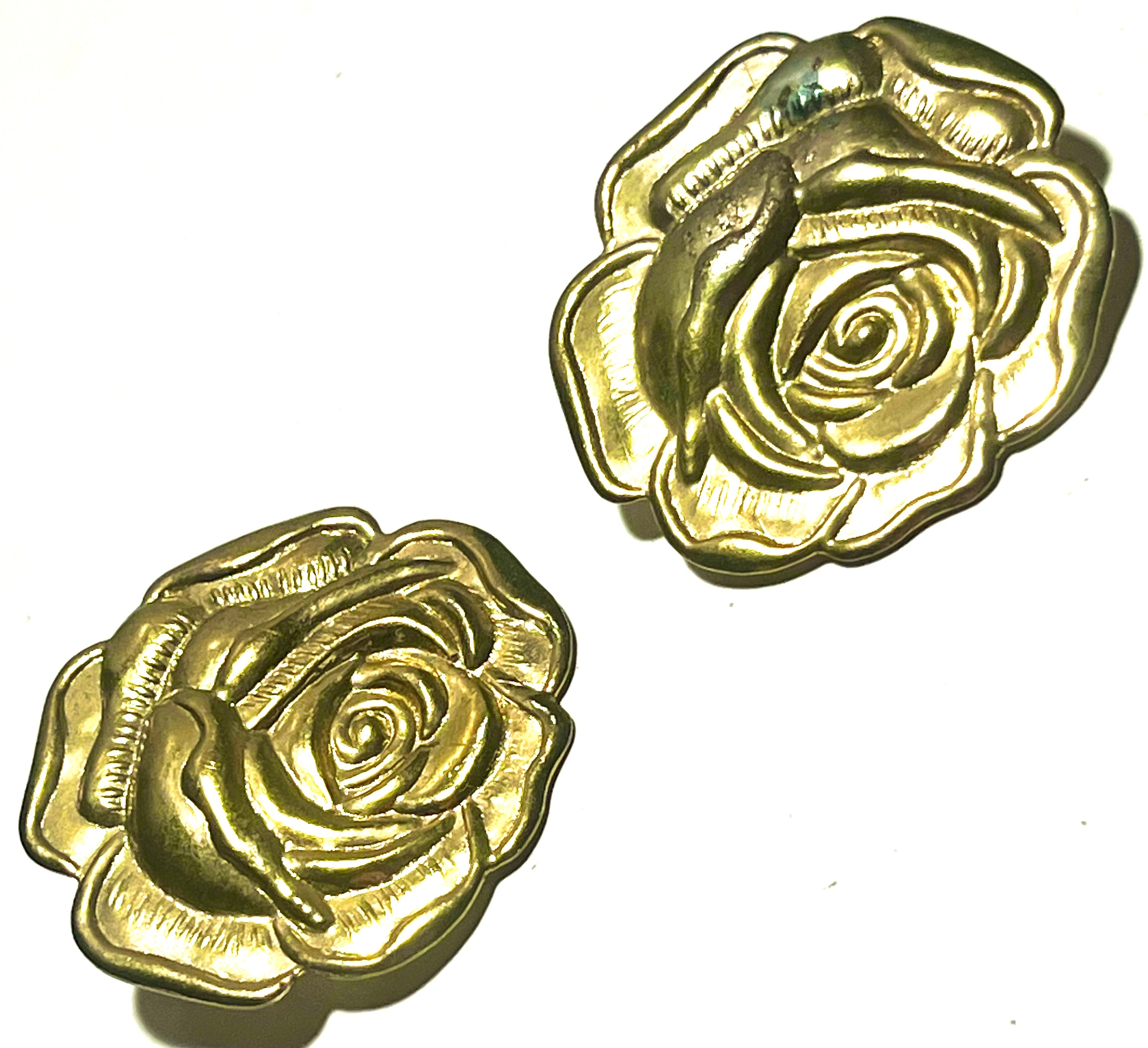 Vintage Gold Tone Rose Clip-On Earrings Large Floral Statement Retro