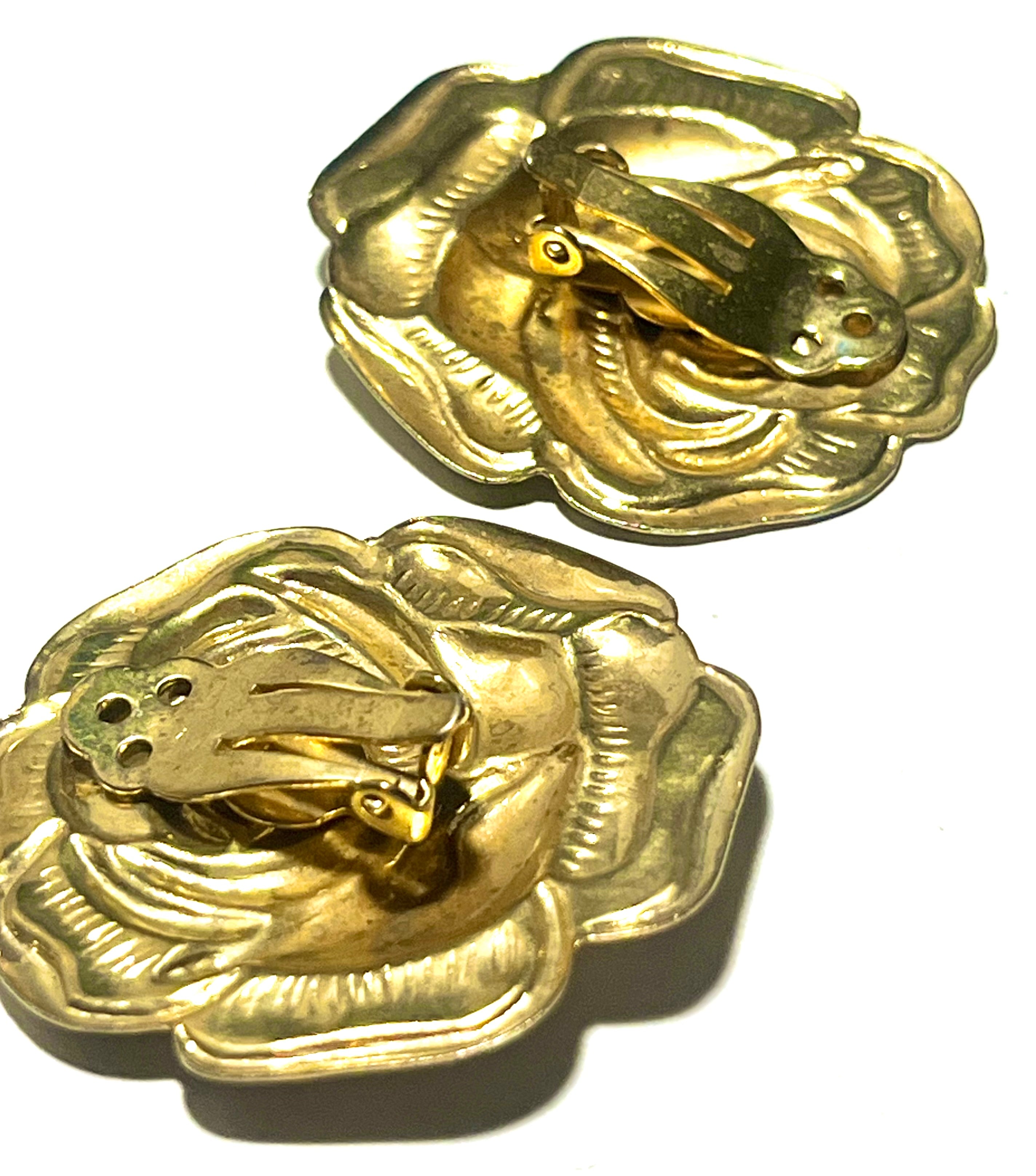 Vintage Gold Tone Rose Clip-On Earrings Large Floral Statement Retro