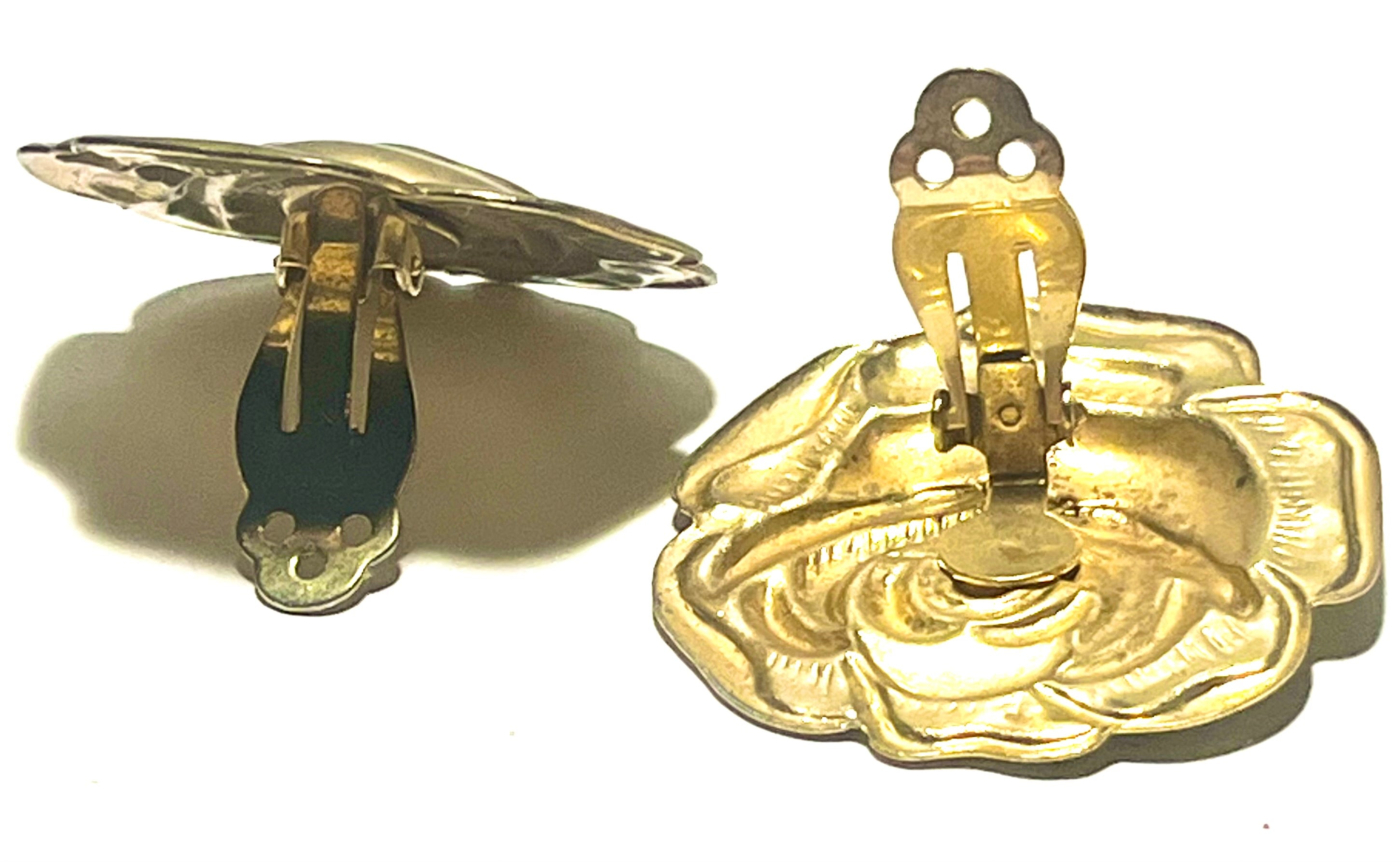 Vintage Gold Tone Rose Clip-On Earrings Large Floral Statement Retro
