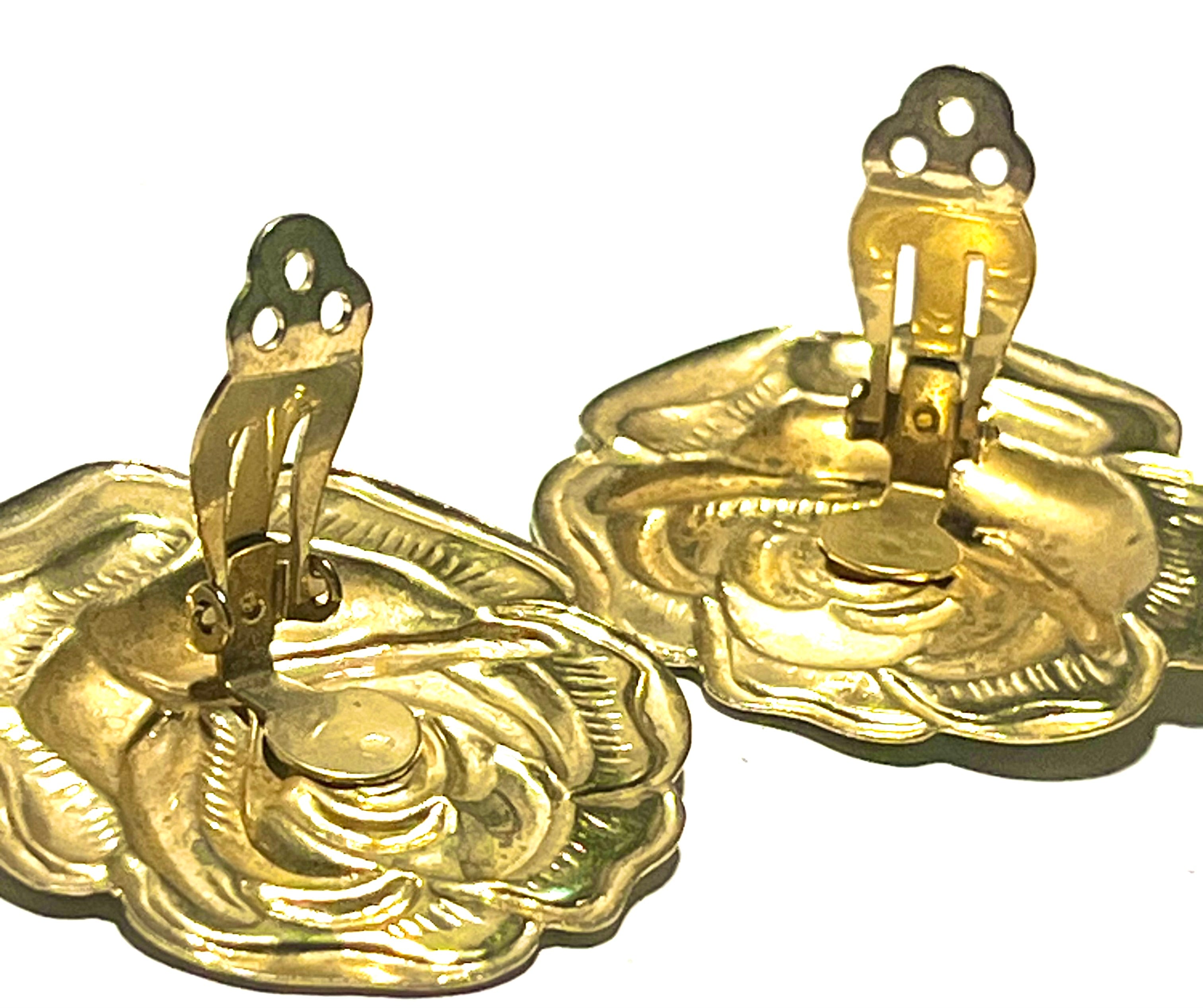 Vintage Gold Tone Rose Clip-On Earrings Large Floral Statement Retro