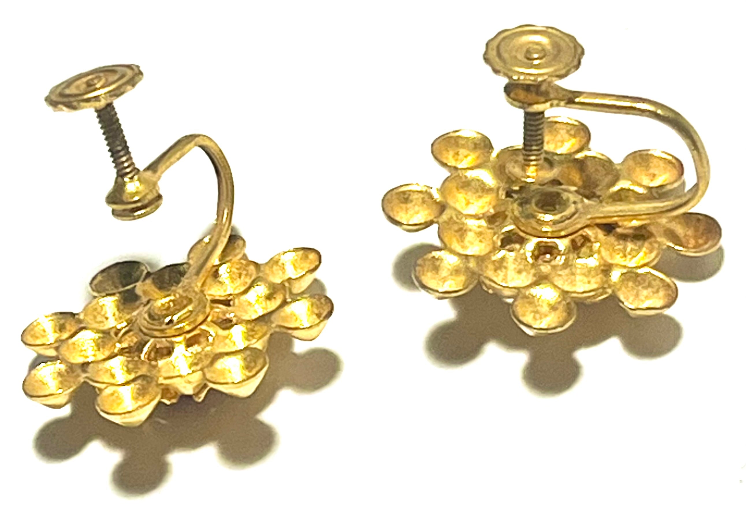 Vintage Gold Tone Floral Screwback Earrings with Red Rhinestone Center – Mid Century Cluster Design