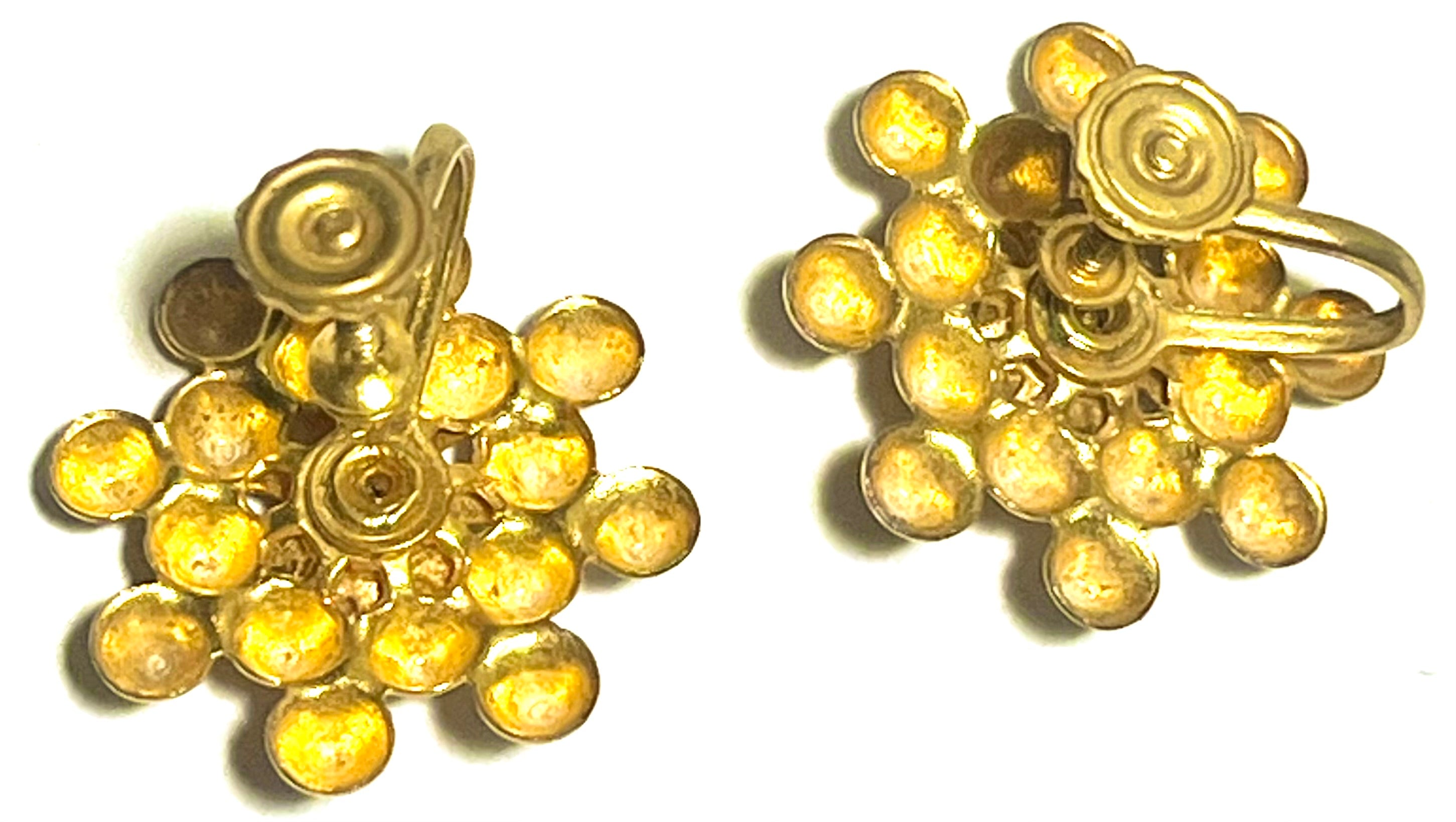 Vintage Gold Tone Floral Screwback Earrings with Red Rhinestone Center – Mid Century Cluster Design