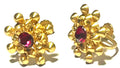 Vintage Gold Tone Floral Screwback Earrings with Red Rhinestone Center – Mid Century Cluster Design