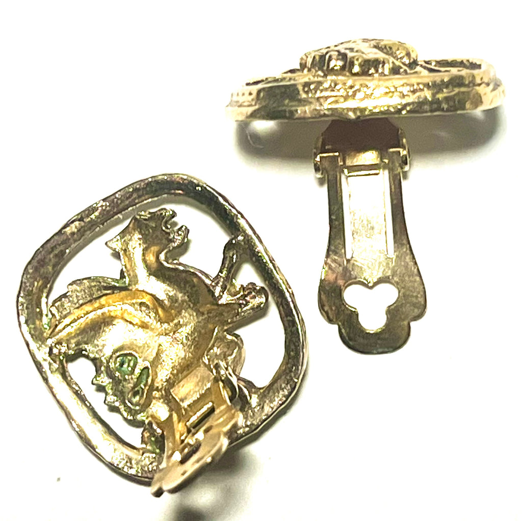 Vintage Gold Tone Heraldic Lion Crest Clip-On Earrings – Coat of Arms Medieval Style