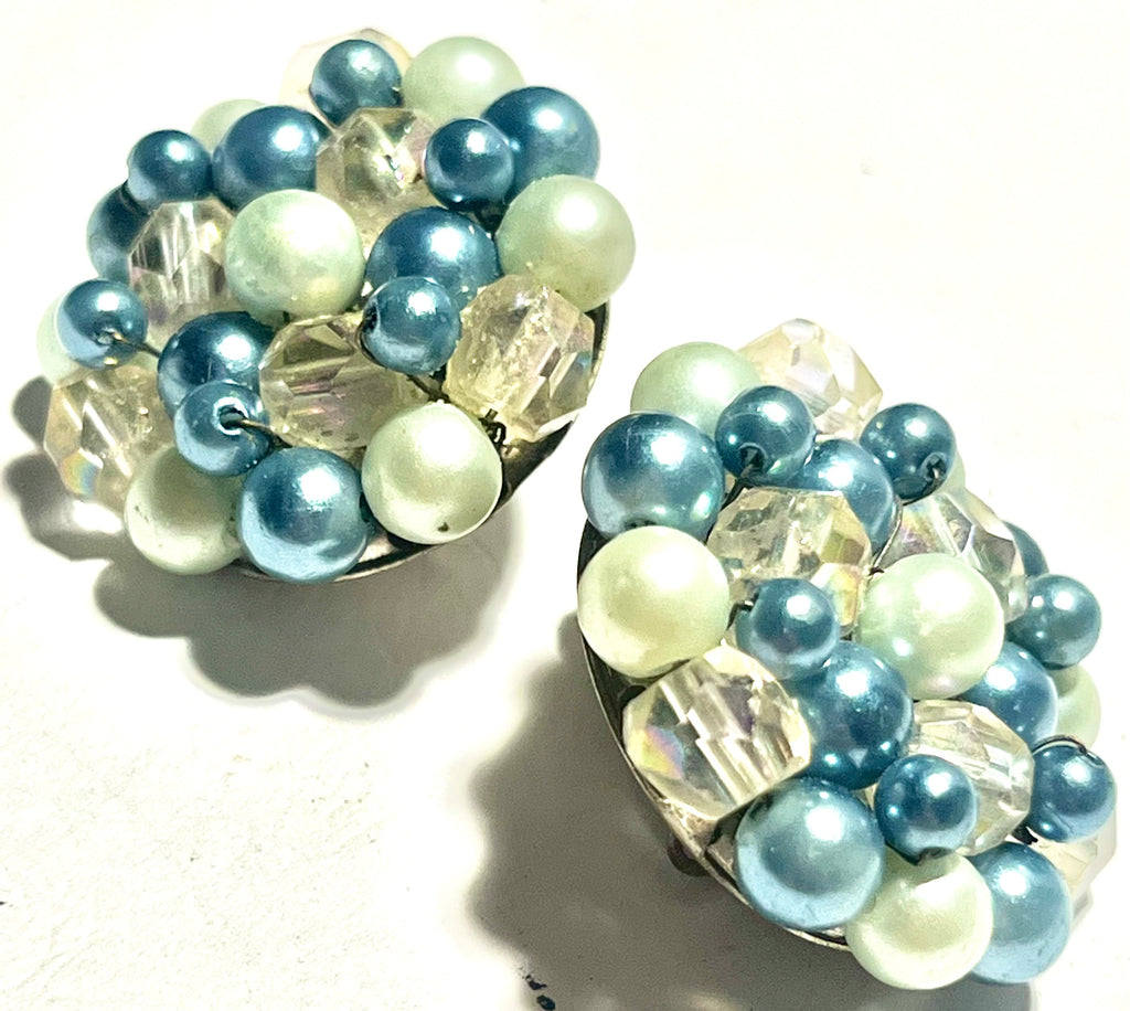 Vintage Blue & Mint Green Beaded Cluster Clip-On Earrings Japan AB Crystal Mid Century