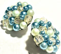 Vintage Blue & Mint Green Beaded Cluster Clip-On Earrings Japan AB Crystal Mid Century