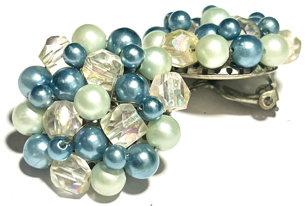 Vintage Blue & Mint Green Beaded Cluster Clip-On Earrings Japan AB Crystal Mid Century