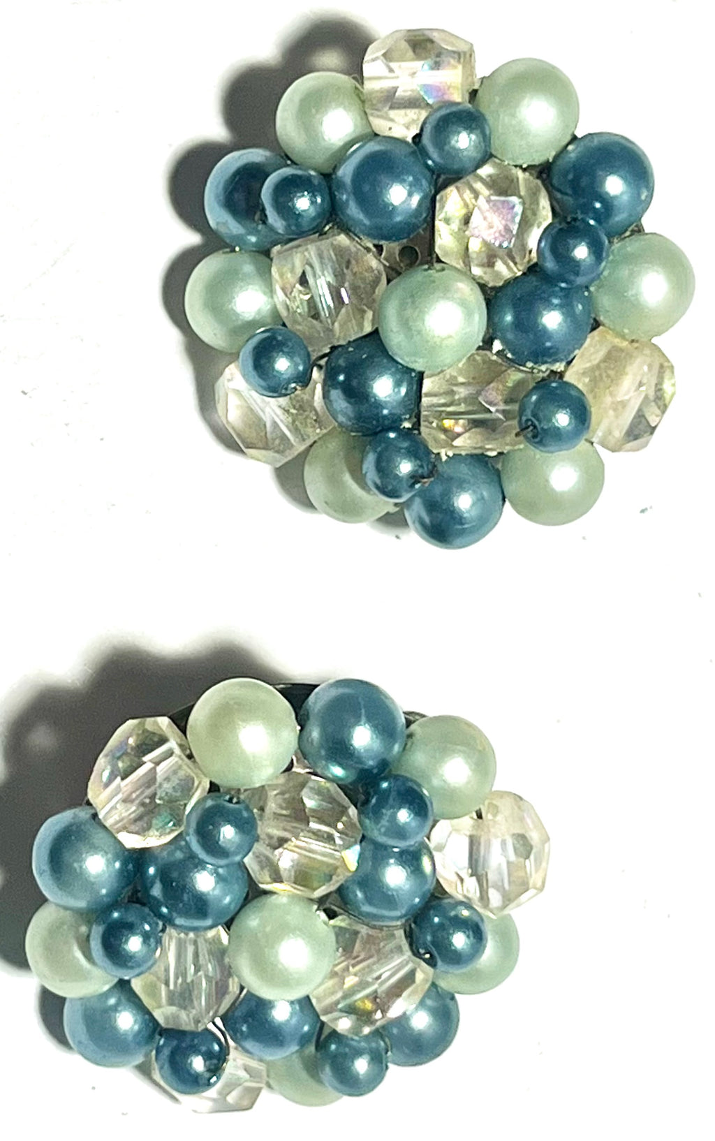 Vintage Blue & Mint Green Beaded Cluster Clip-On Earrings Japan AB Crystal Mid Century