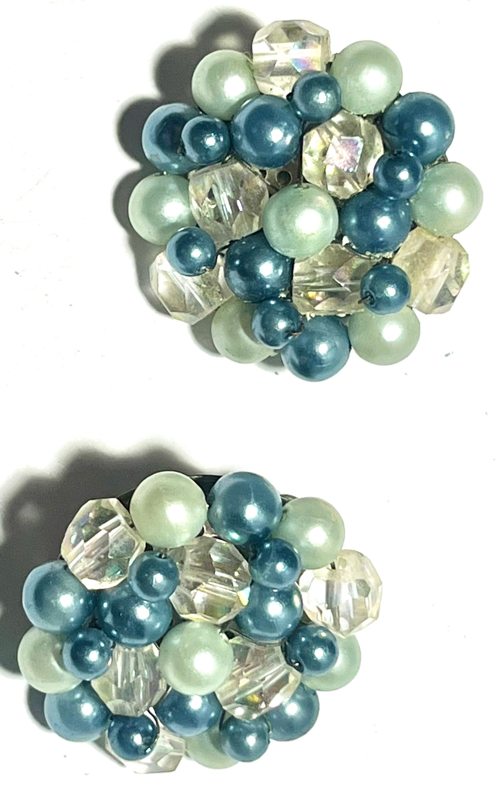 Vintage Blue & Mint Green Beaded Cluster Clip-On Earrings Japan AB Crystal Mid Century