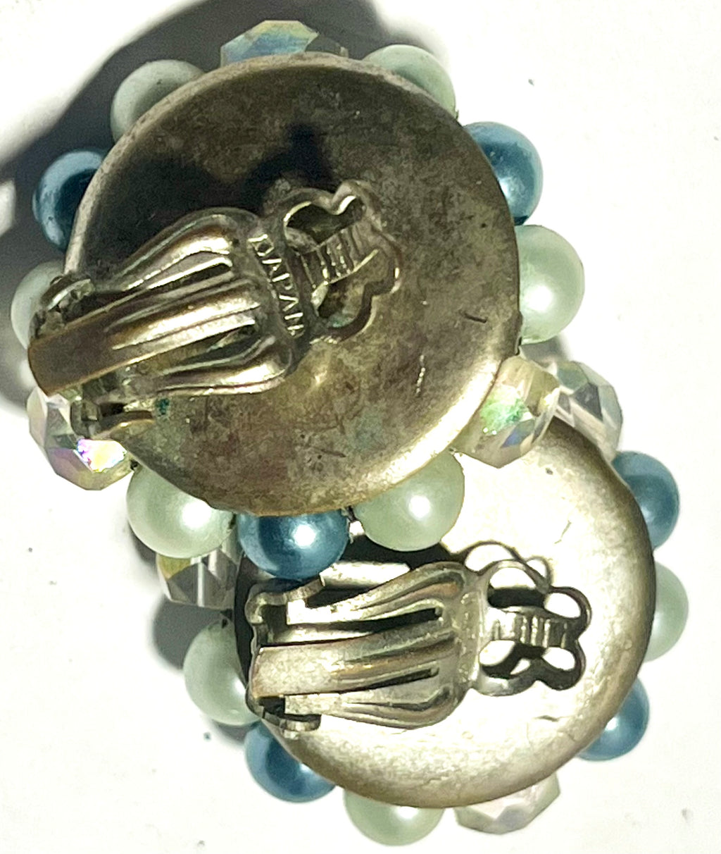 Vintage Blue & Mint Green Beaded Cluster Clip-On Earrings Japan AB Crystal Mid Century