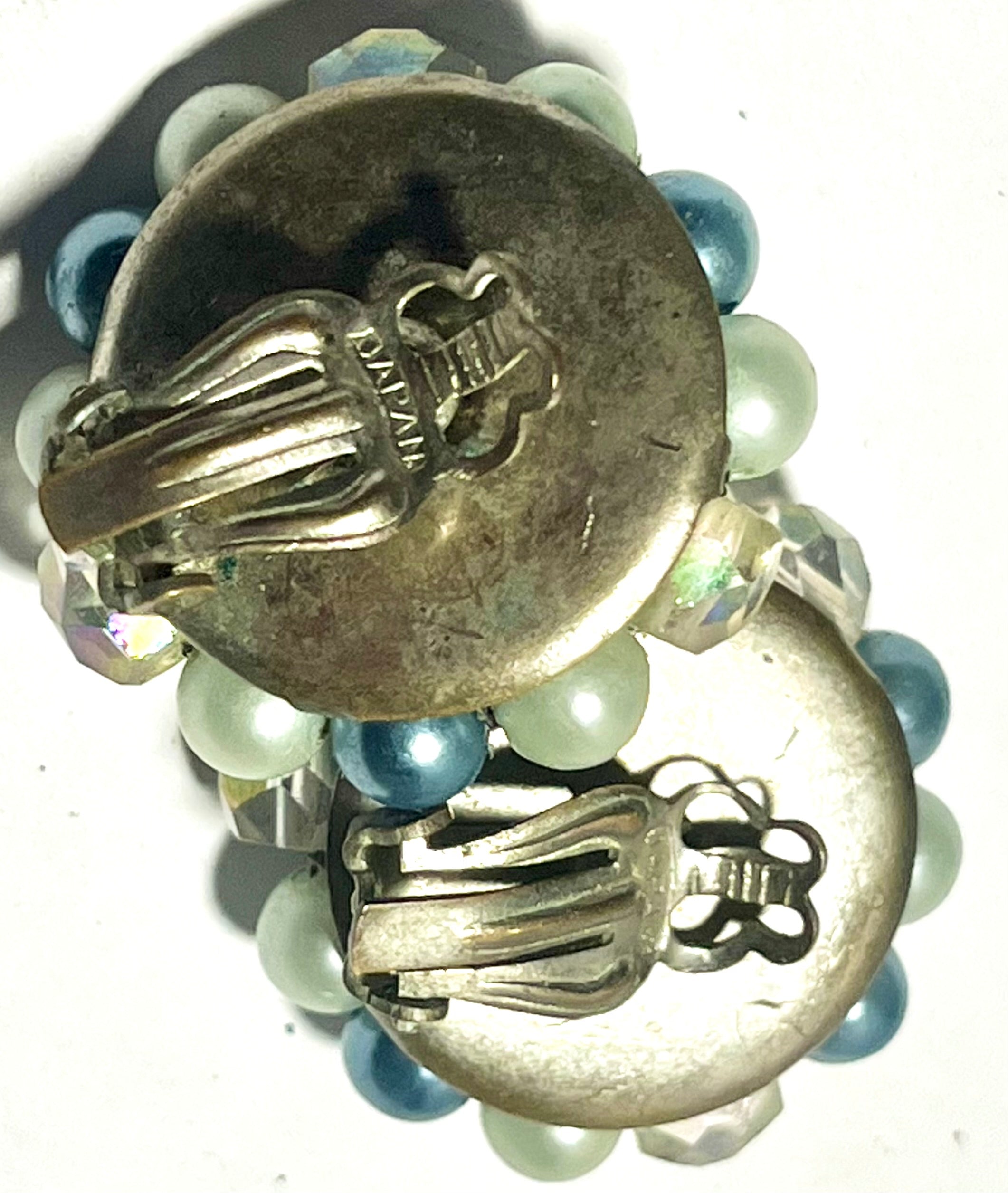 Vintage Blue & Mint Green Beaded Cluster Clip-On Earrings Japan AB Crystal Mid Century