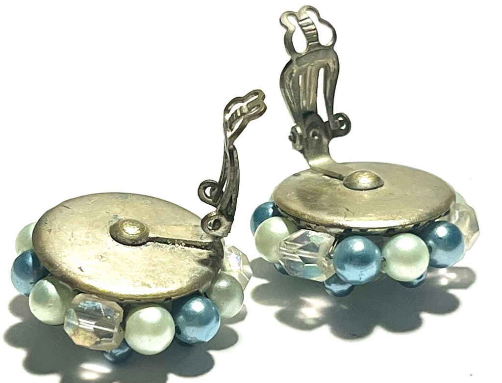 Vintage Blue & Mint Green Beaded Cluster Clip-On Earrings Japan AB Crystal Mid Century