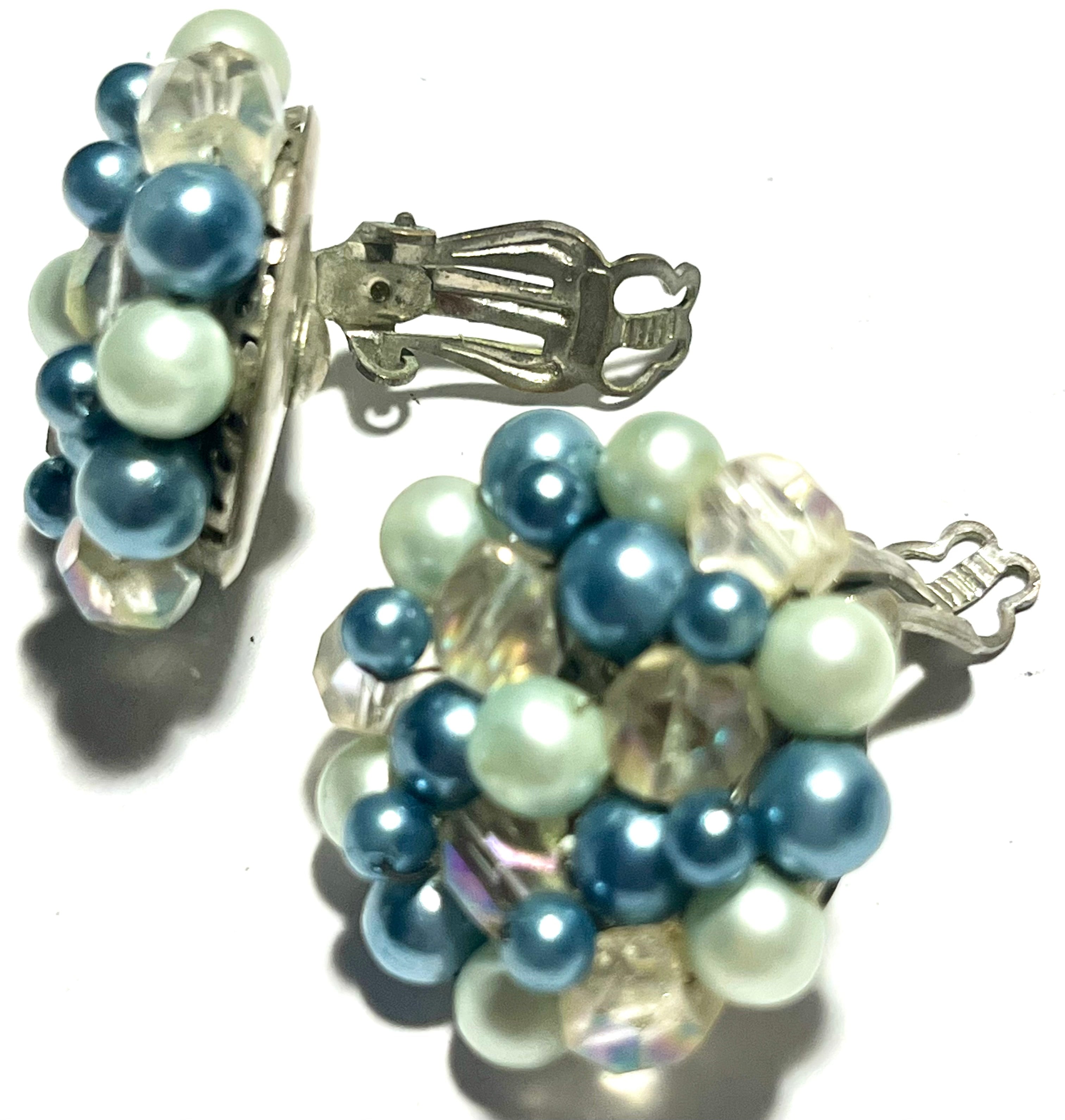 Vintage Blue & Mint Green Beaded Cluster Clip-On Earrings Japan AB Crystal Mid Century