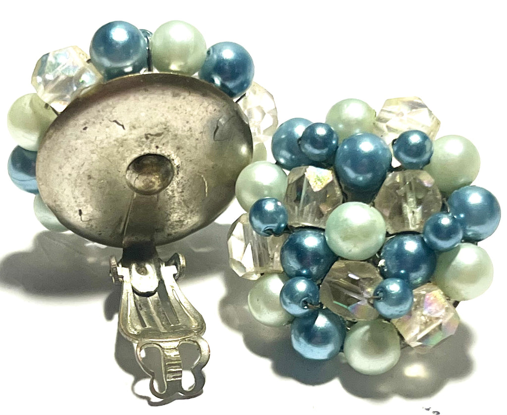 Vintage Blue & Mint Green Beaded Cluster Clip-On Earrings Japan AB Crystal Mid Century