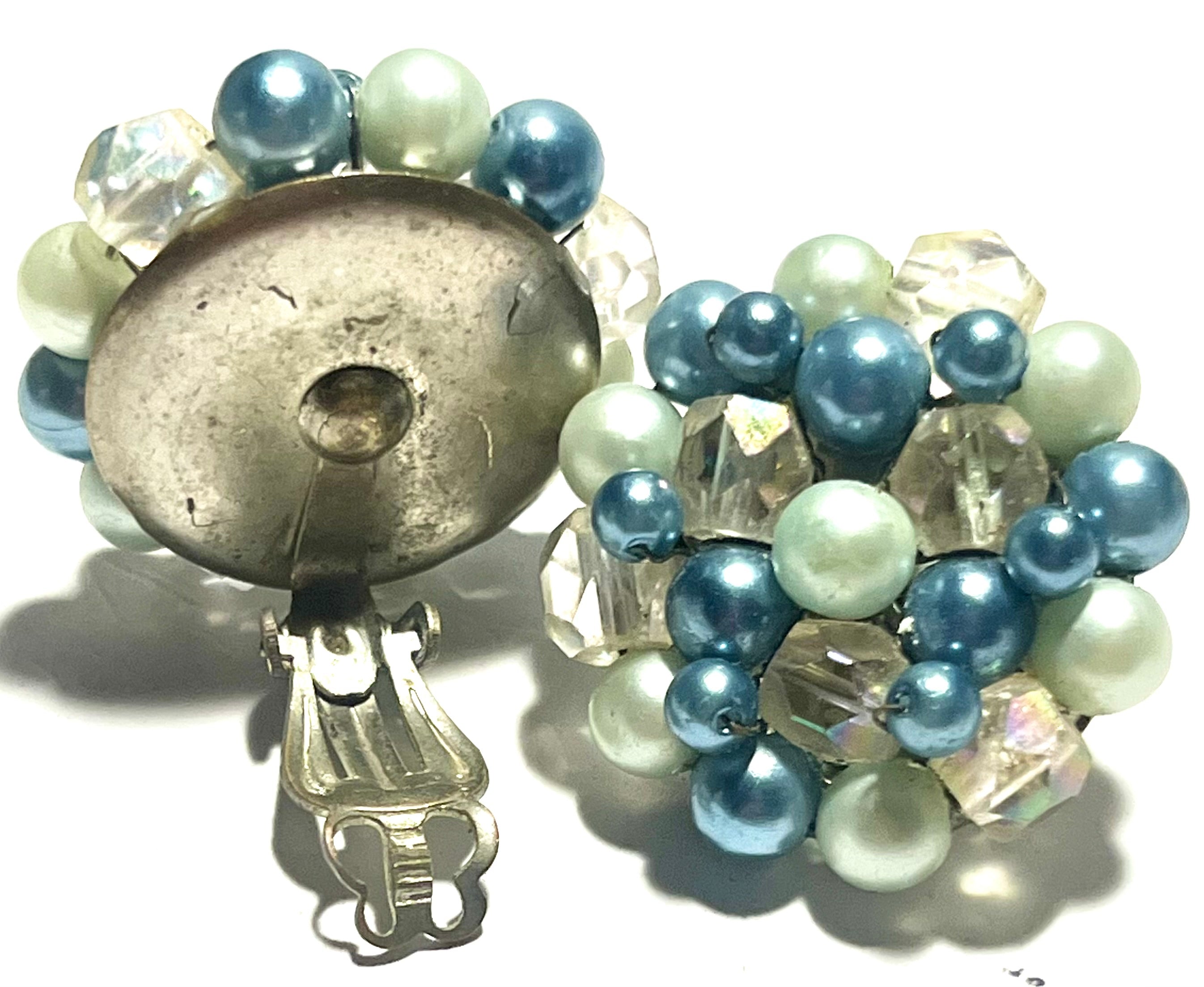 Vintage Blue & Mint Green Beaded Cluster Clip-On Earrings Japan AB Crystal Mid Century