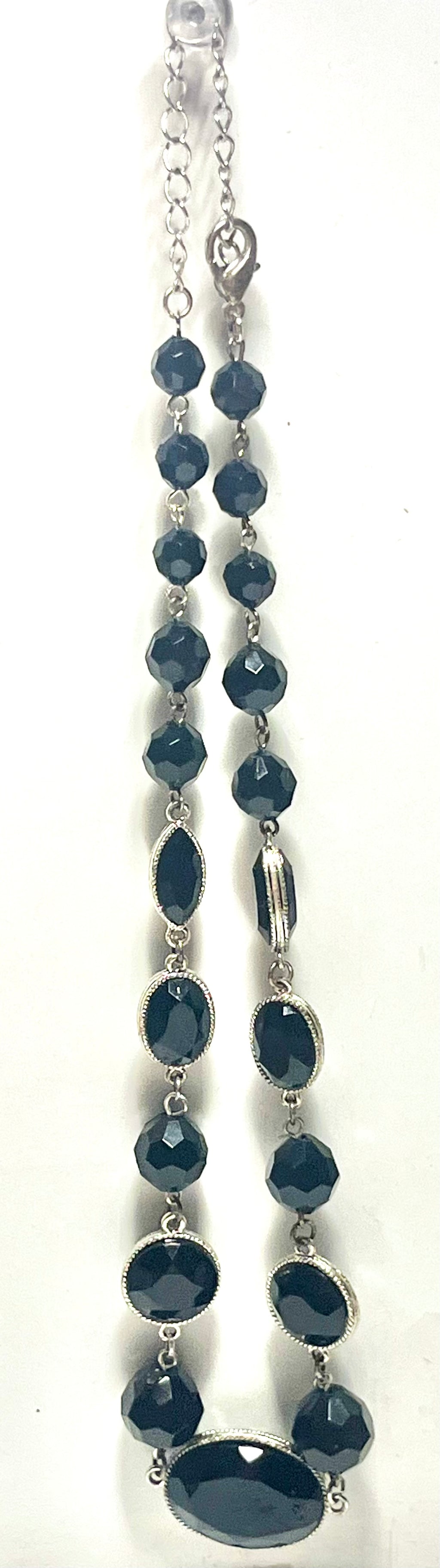 Black Faceted Statement Necklace Silver Tone Oval & Bead Link Vintage Style