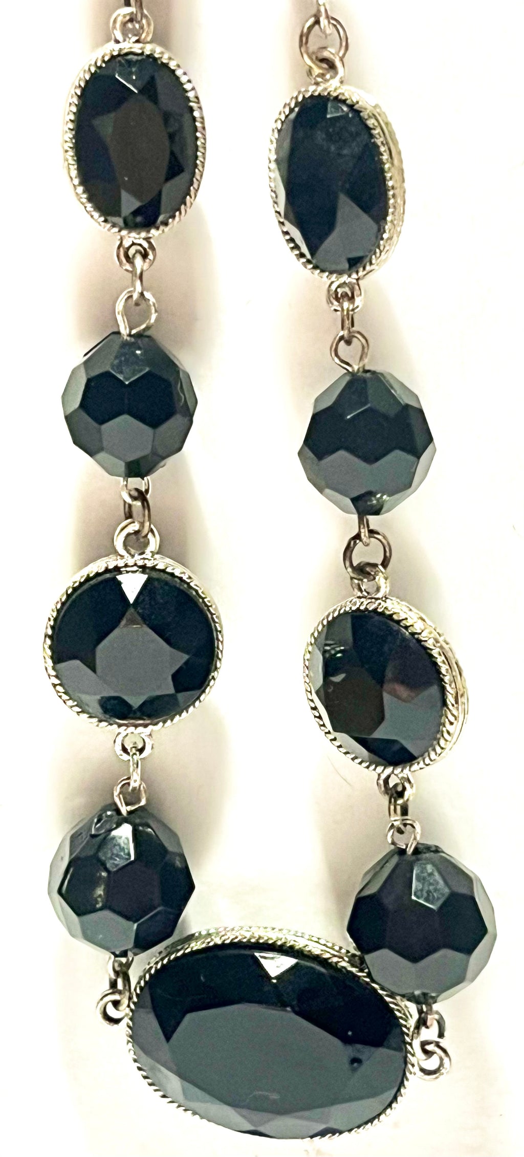 Black Faceted Statement Necklace Silver Tone Oval & Bead Link Vintage Style