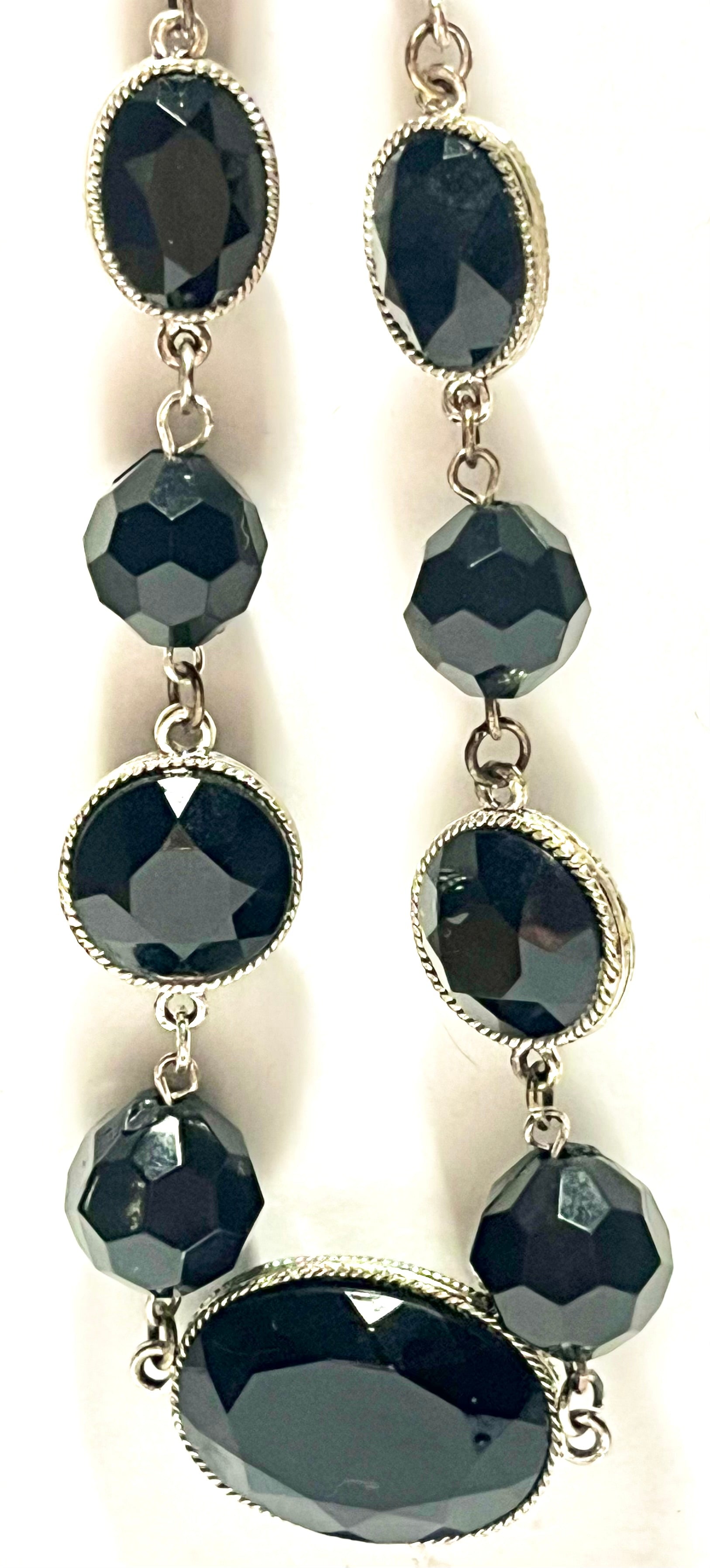 Black Faceted Statement Necklace Silver Tone Oval & Bead Link Vintage Style