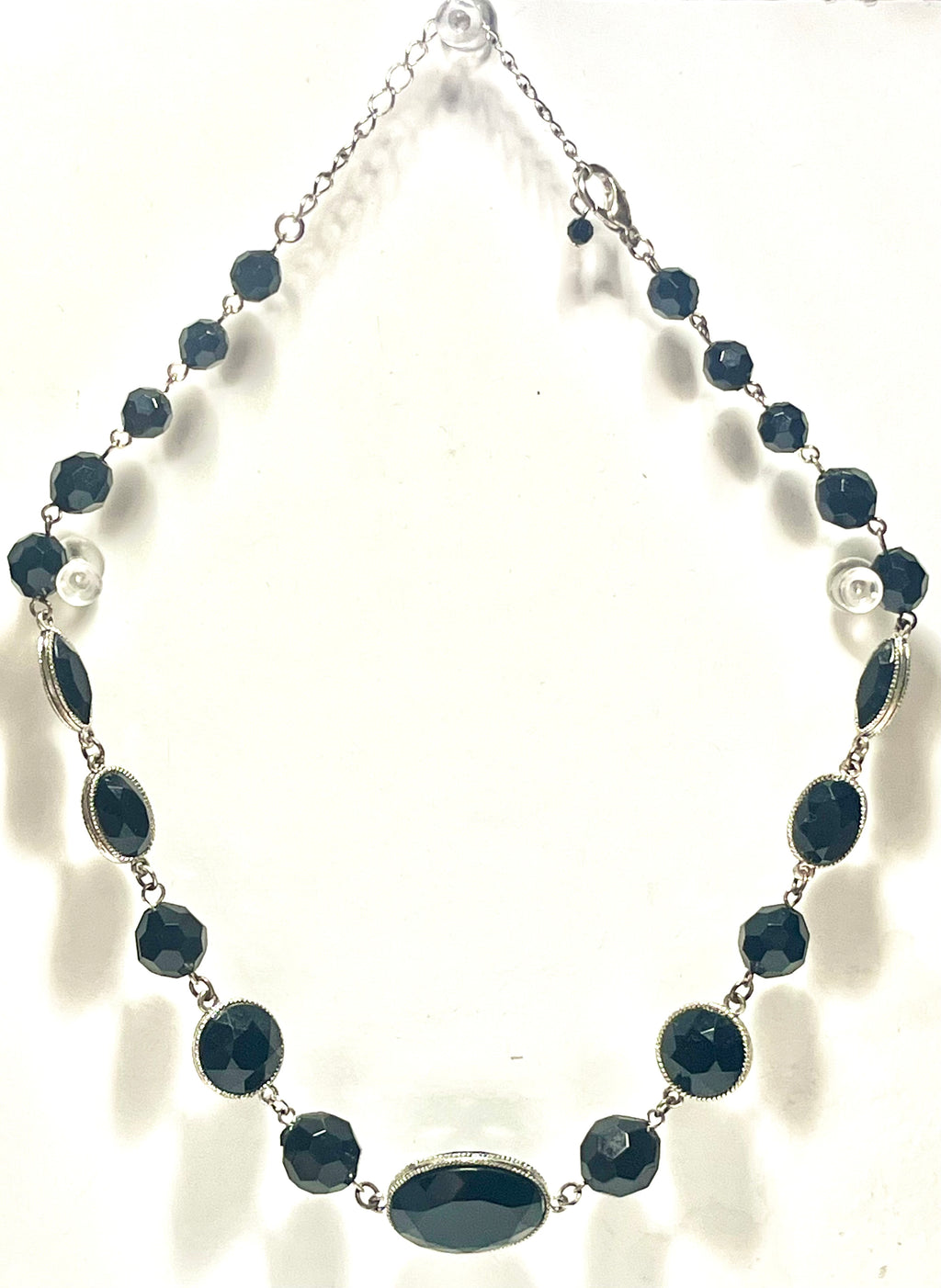 Black Faceted Statement Necklace Silver Tone Oval & Bead Link Vintage Style